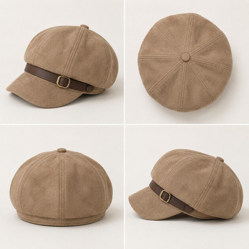 Faux Suede Baker Boy Cap with Buckle Band Vintage Newsboy Style Hat
