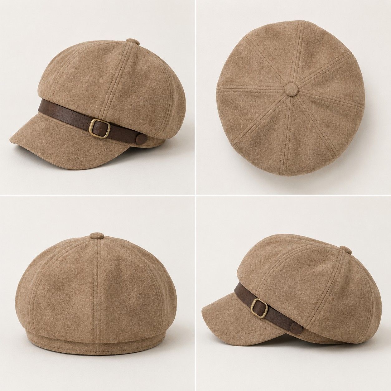 Faux Suede Baker Boy Cap with Buckle Band Vintage Newsboy Style Hat