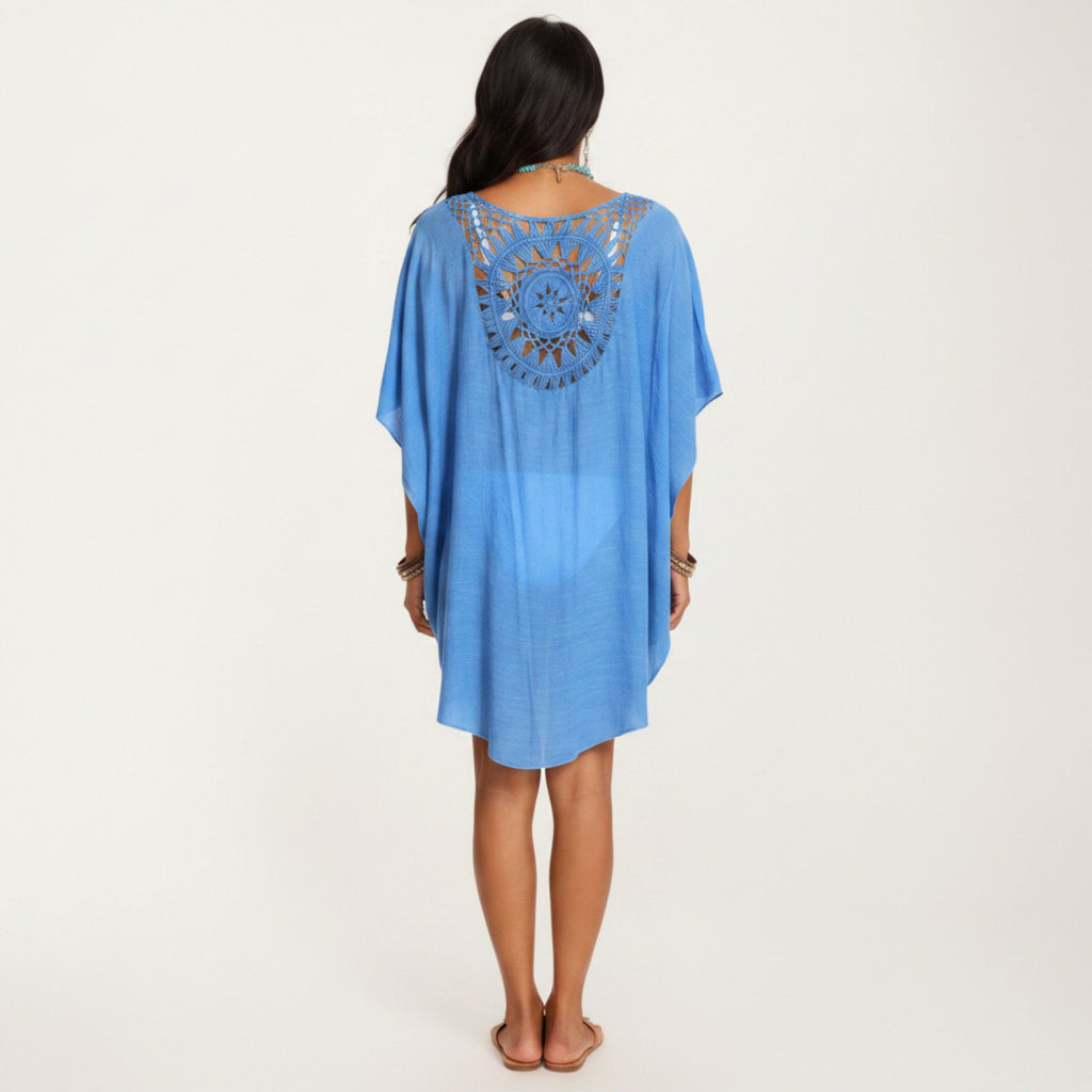 Anna-Kaci Women's Crochet Medallion Swim Cover Up Dress with Tassel Trim and Relaxed Boho Silhouette