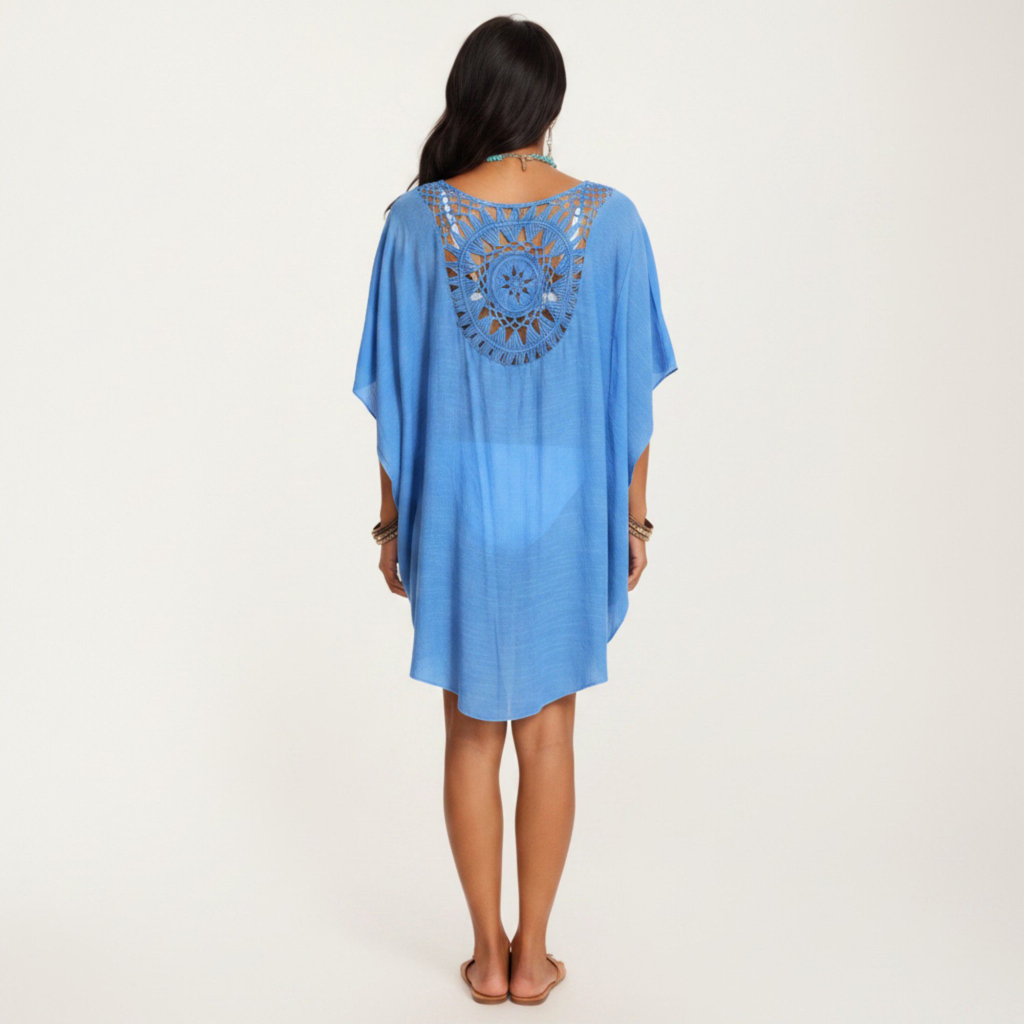 Anna-Kaci Women's Crochet Medallion Swim Cover Up Dress with Tassel Trim and Relaxed Boho Silhouette