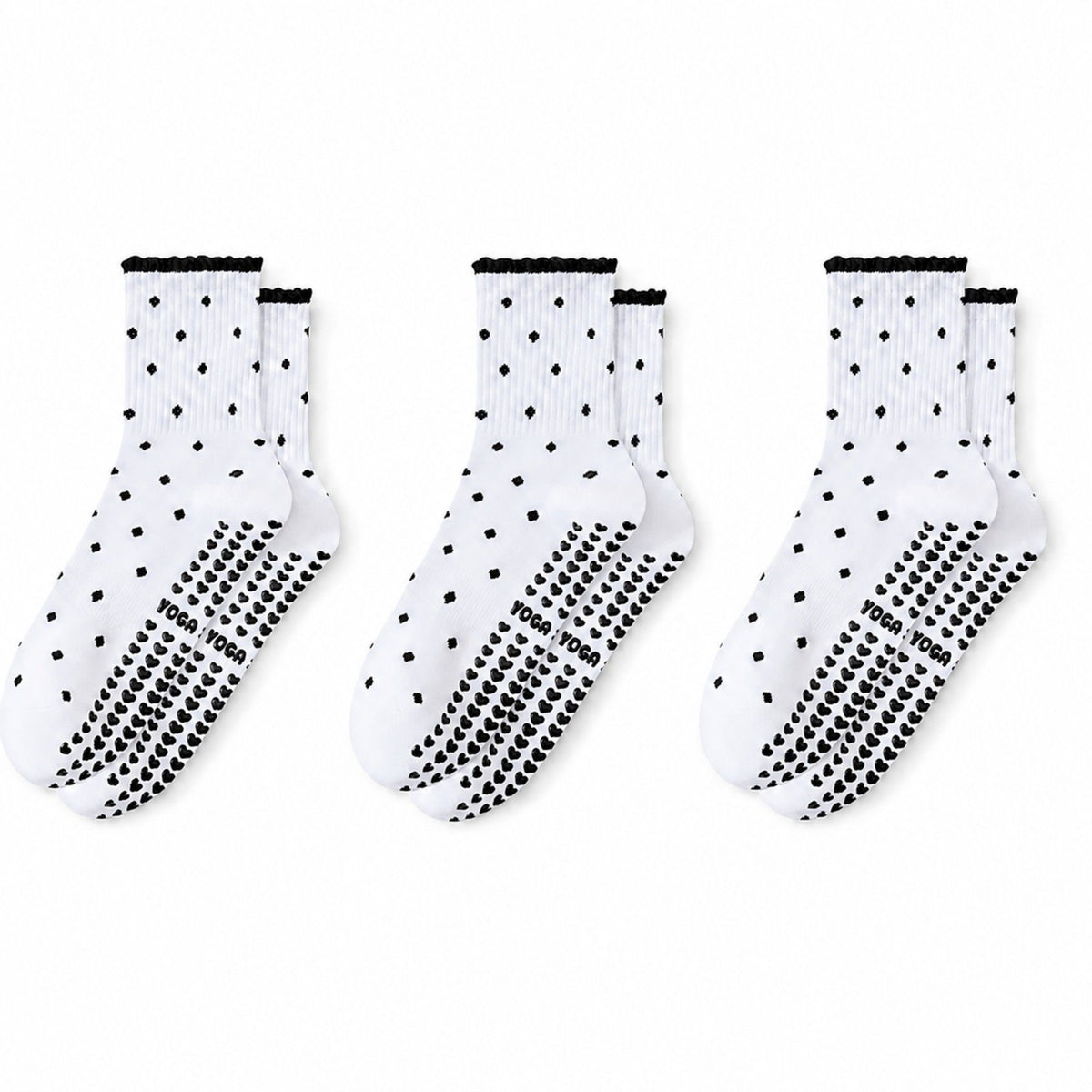 Non Slip Grip Crew Socks 3 Pair Pack Polka Dot Ruffle Cuff