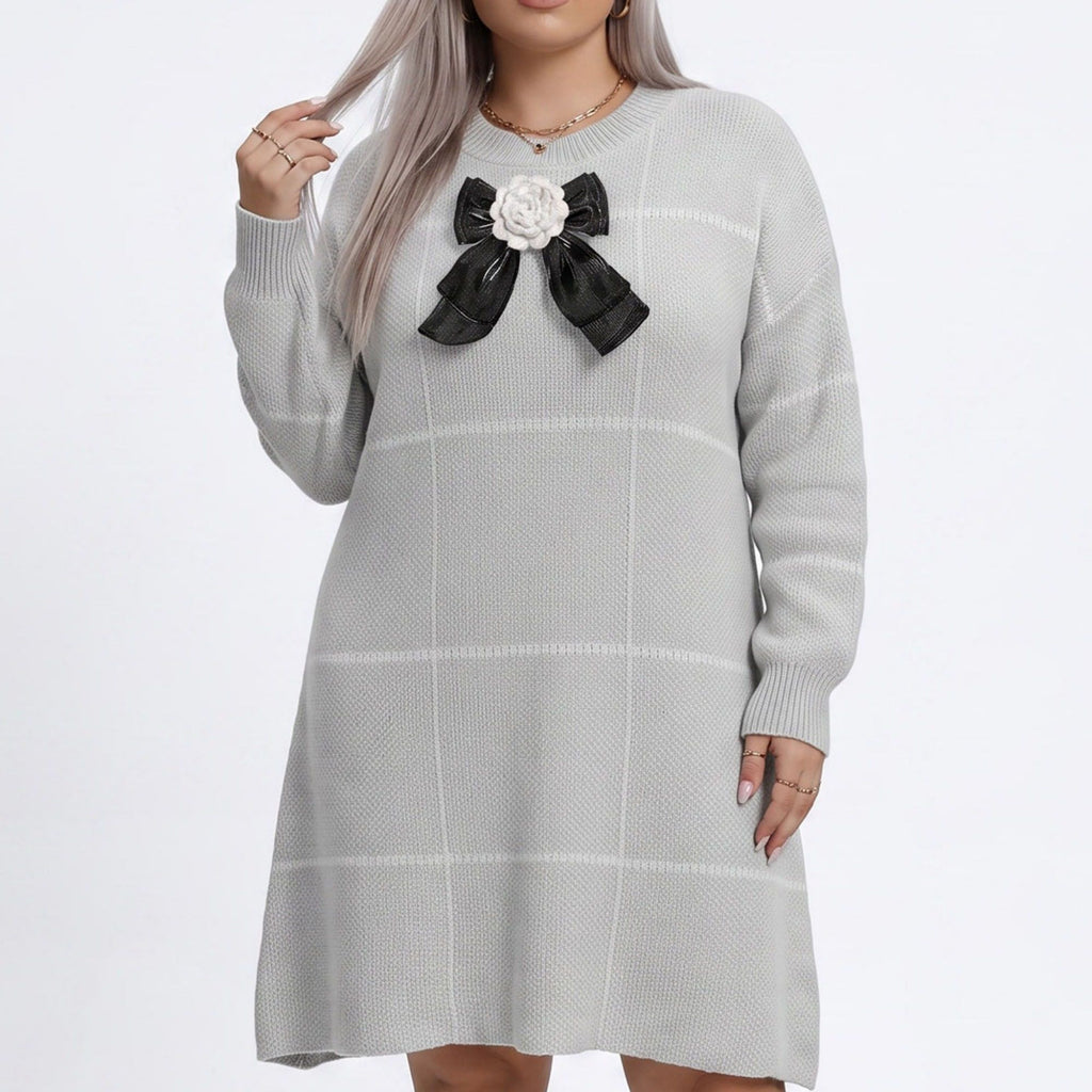Plus Size Plaid Bow Detail Sweater Dress