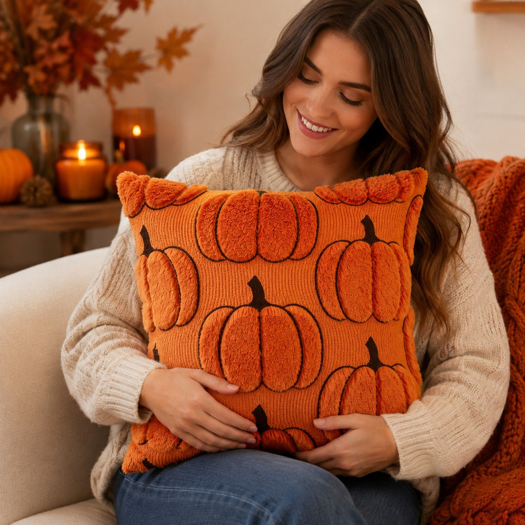 Plush Pumpkin Throw Pillow Cover Square Decorative Fall Cushion Cover