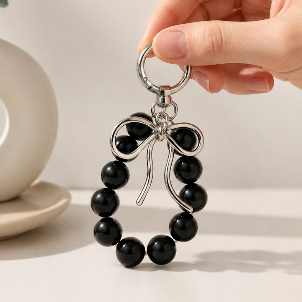 Beaded Bow Keychain with Round Bead Loop and Metal Clip Bag Charm