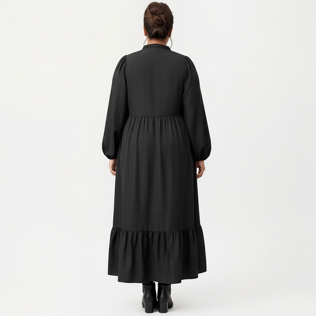 Anna-Kaci Women's Plus Size Long Sleeve V Neck Dress with Floral Embroidered Bodice and Flowy Tiered Skirt