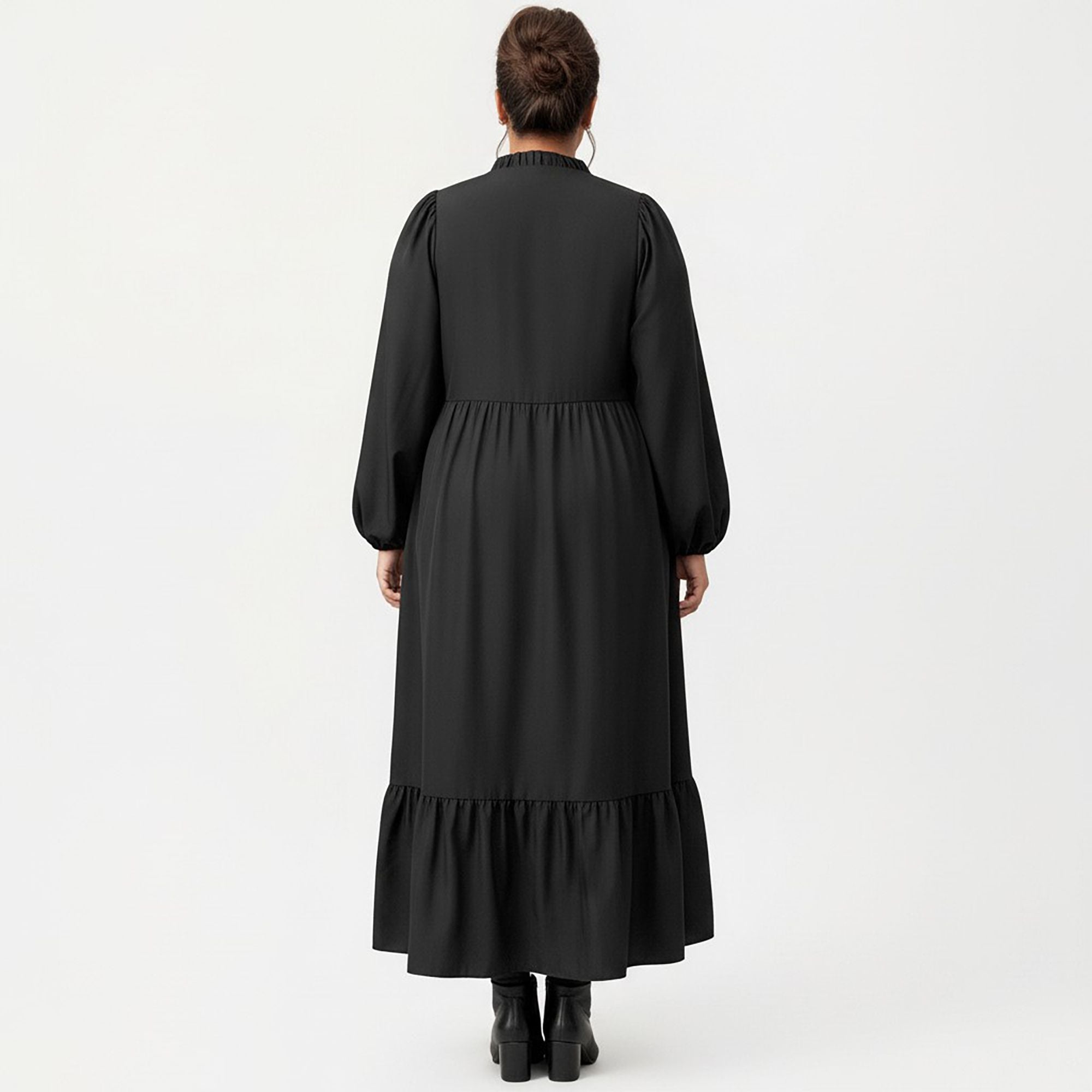 Anna-Kaci Women's Plus Size Long Sleeve V Neck Dress with Floral Embroidered Bodice and Flowy Tiered Skirt