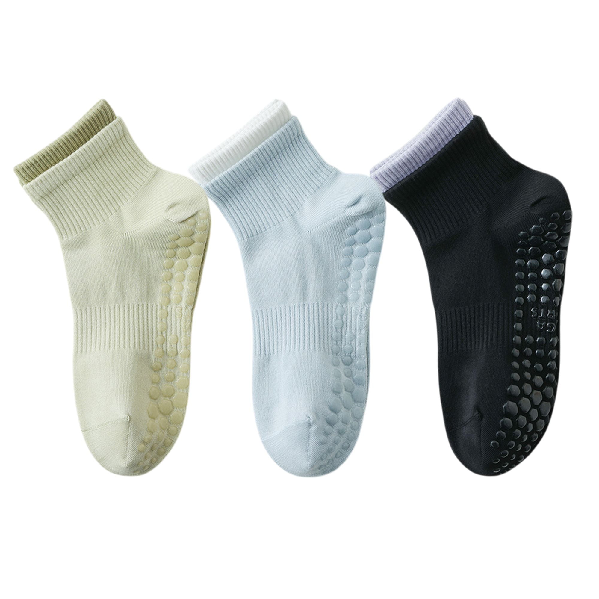 Anna-Kaci Women's 3-Pair Set Short Ankle Grip Socks with Ribbed Cuffs Cushioned Soles and Anti-Slip Bottom for Walking or Yoga