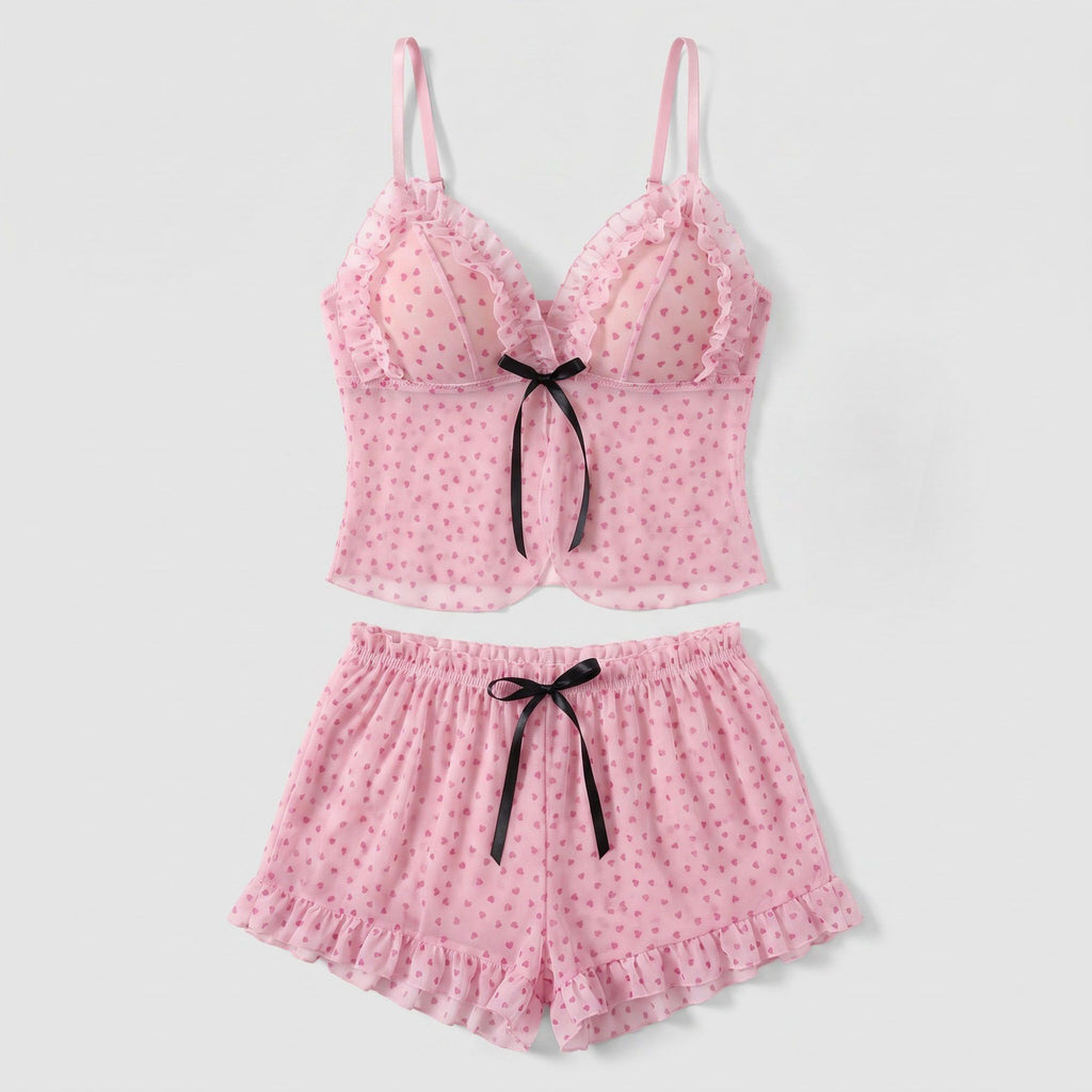 Heart Print Mesh Ruffle Cami and Shorts Lingerie Set