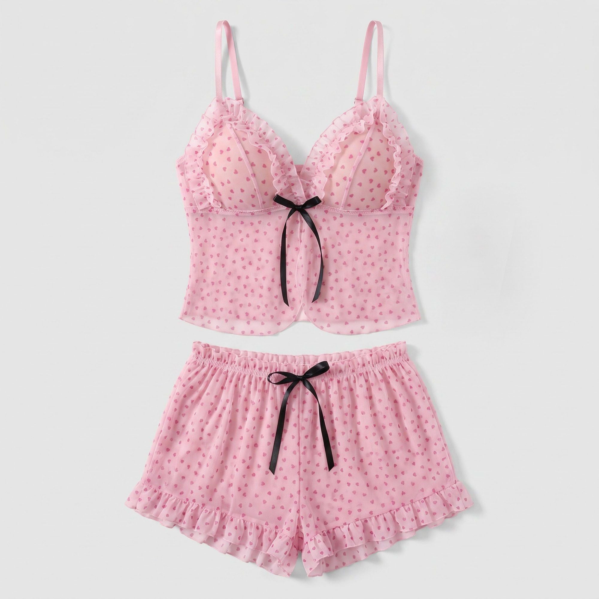 Heart Print Mesh Ruffle Cami and Shorts Lingerie Set
