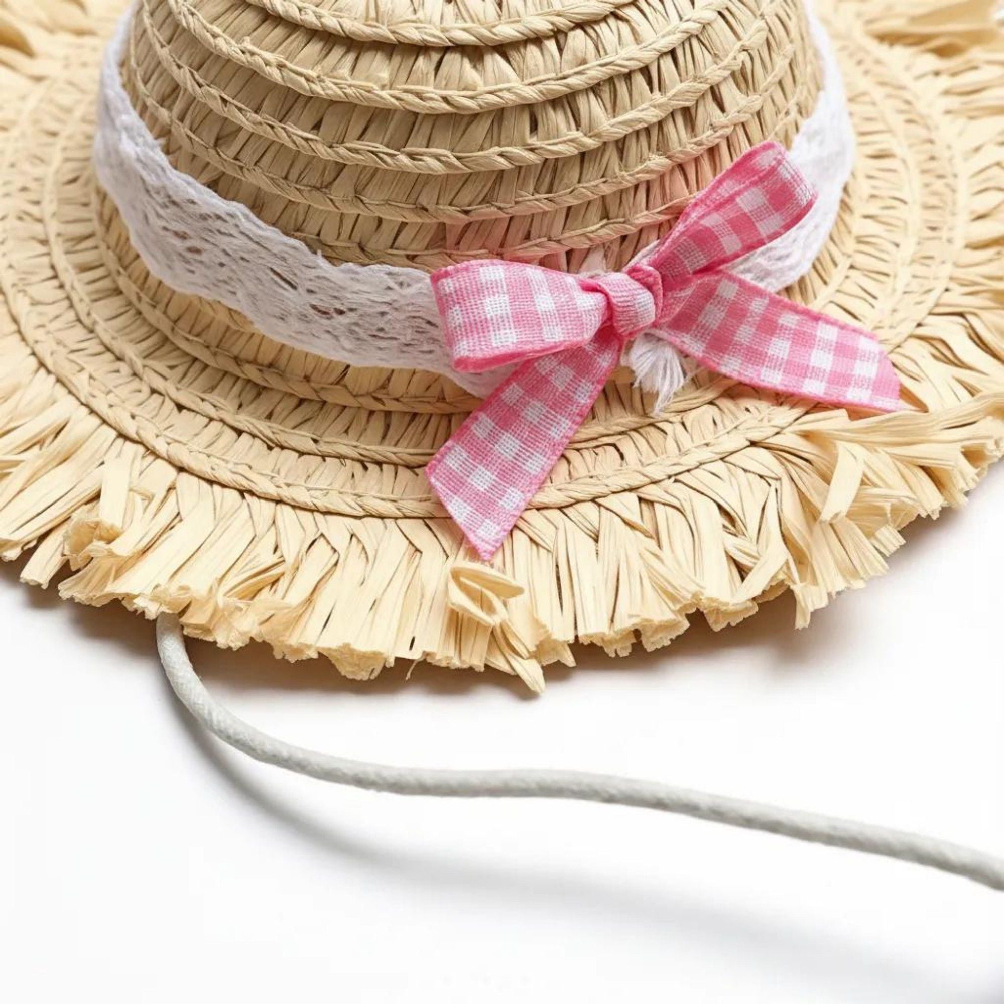 Pet Straw Sun Hat with Lace Trim Bow Adjustable Chin Strap Summer Costume Hat for Cats and Small Dogs
