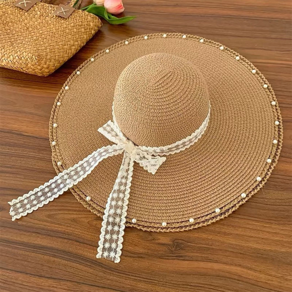 Wide Brim Sun Hat with Lace Bow and Pearl Trim