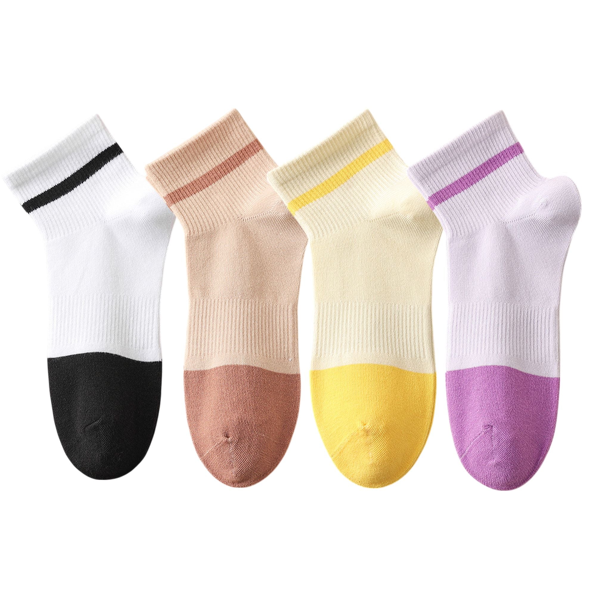 Anna-Kaci 4 Pairs Women's Seamless Cotton Ankle Socks Breathable Stretch Ribbed Cuff in Assorted Color Block Design