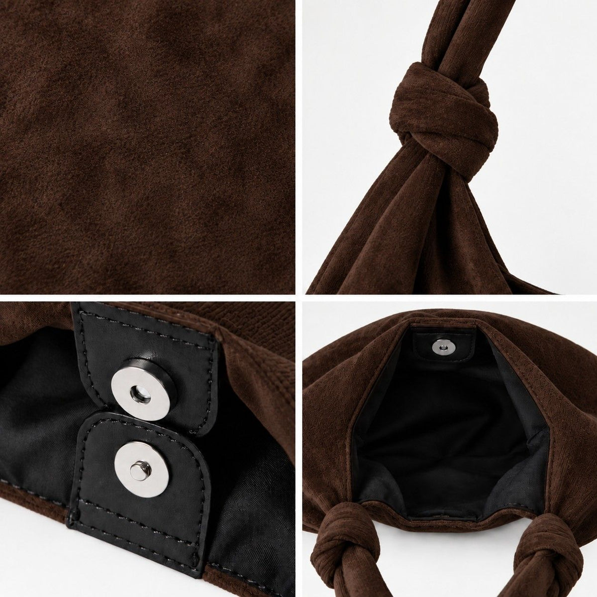 Large Suede Look Hobo Shoulder Bag with Knotted Strap and Magnetic Closure