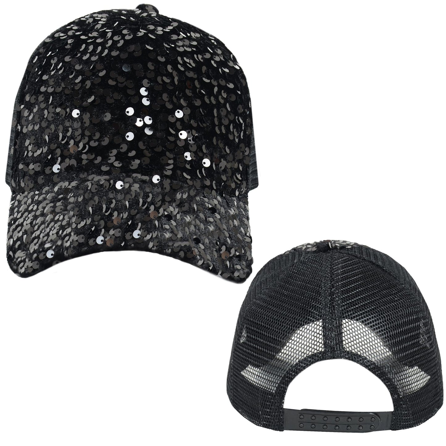 Anna-Kaci Women's Sparkly Sequin Baseball Cap Messy Low Bun Ponycap Velvet Mesh Trucker Hat