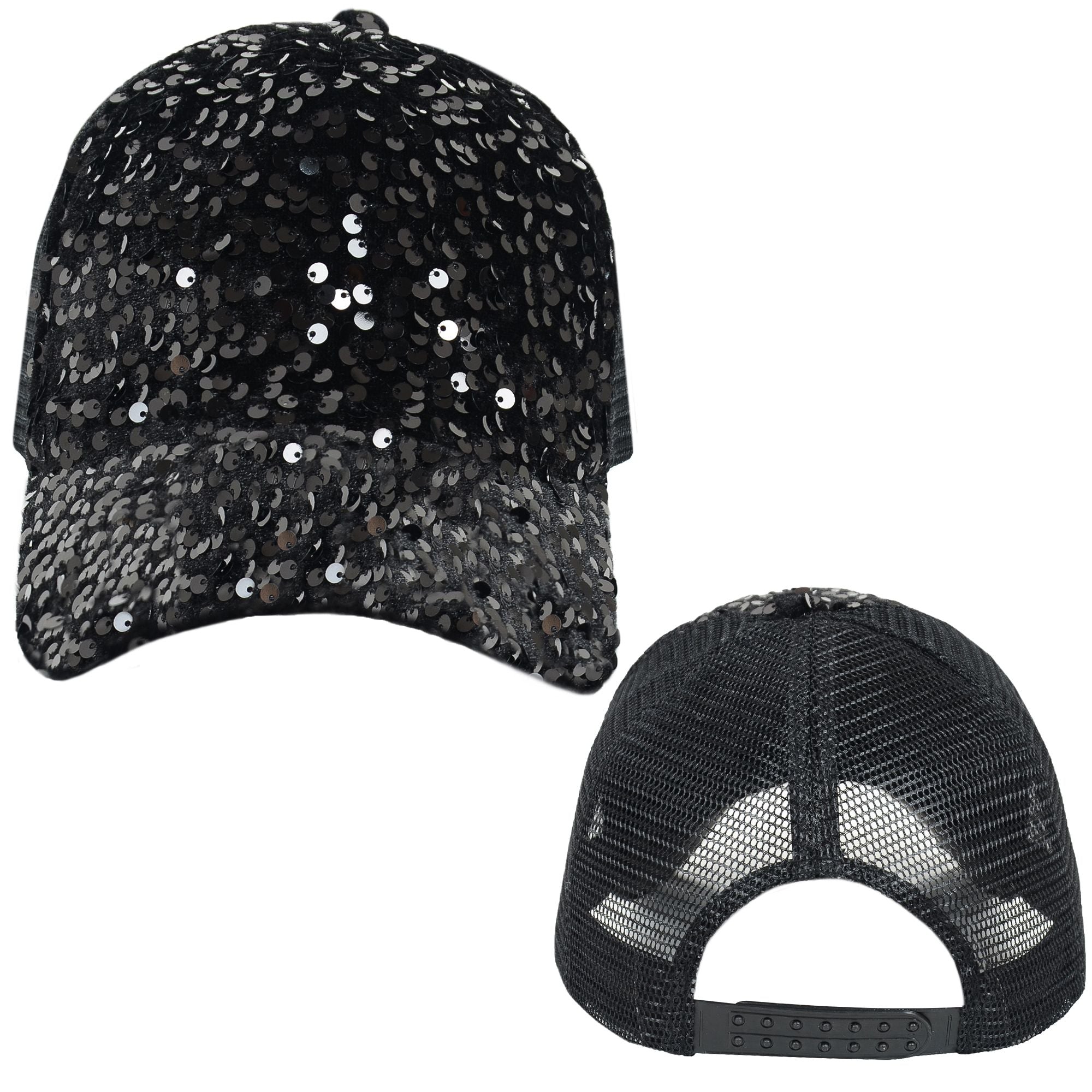 Anna-Kaci Women's Sparkly Sequin Baseball Cap Messy Low Bun Ponycap Velvet Mesh Trucker Hat