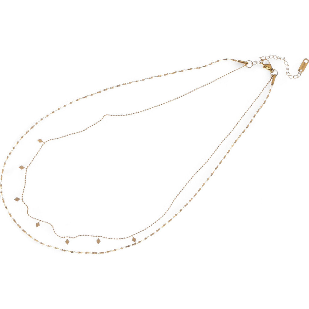Women's Double Layer Gold Tone Fashion Necklace with Diamond Shape Charms Layered Chain Design