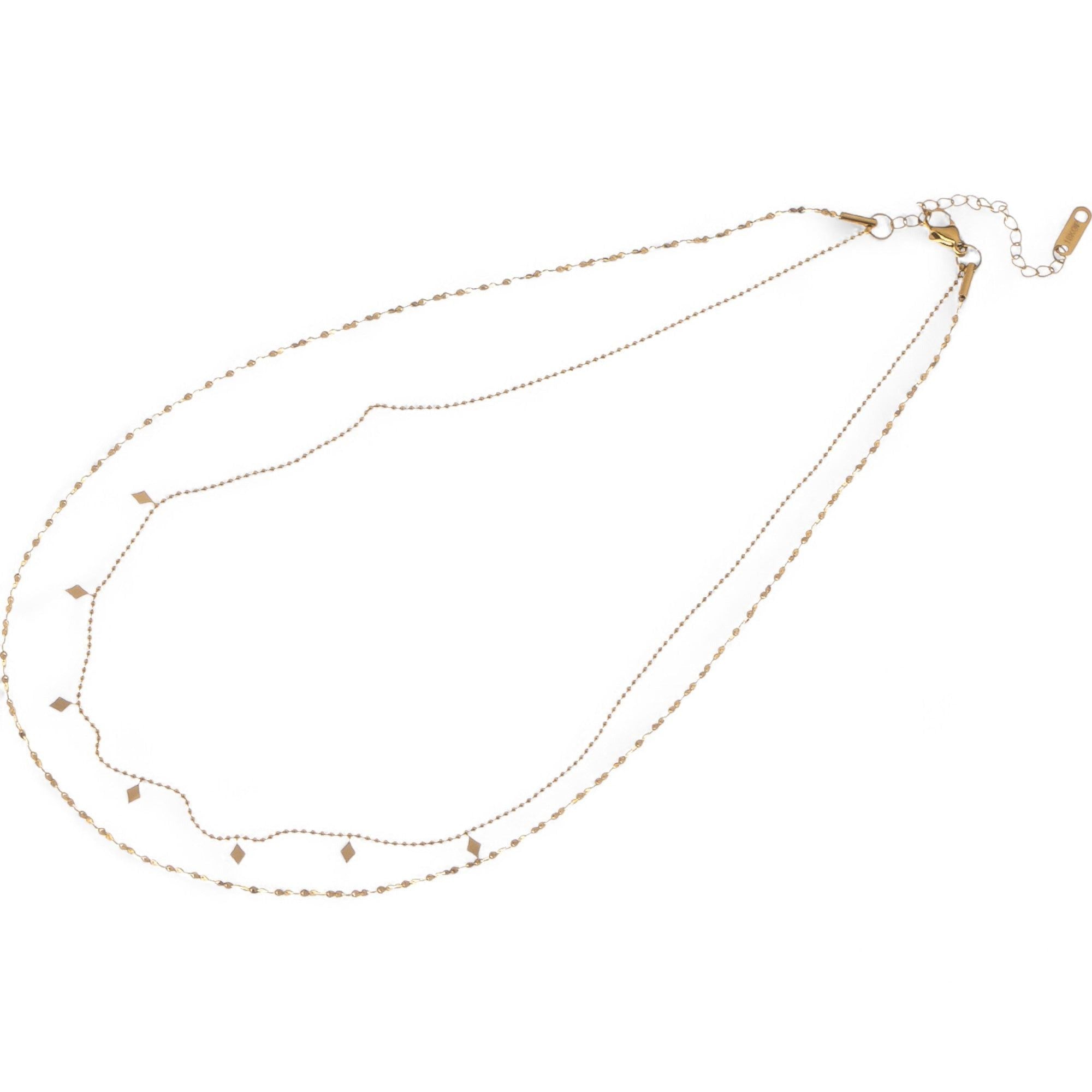 Women's Double Layer Gold Tone Fashion Necklace with Diamond Shape Charms Layered Chain Design