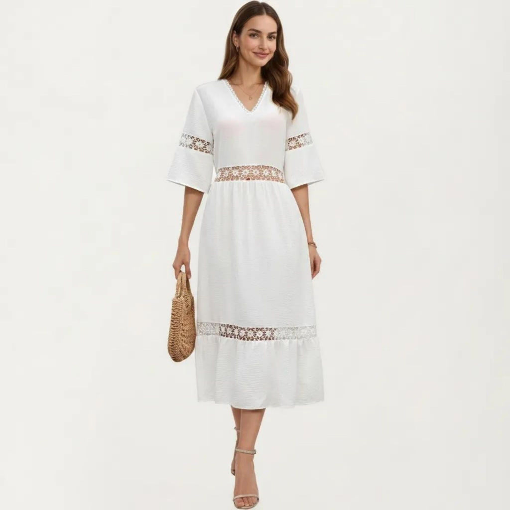Anna-Kaci Women's V Neck Midi Dress with Lace Trim Paneling and Short Wide Sleeves Flowing Silhouette