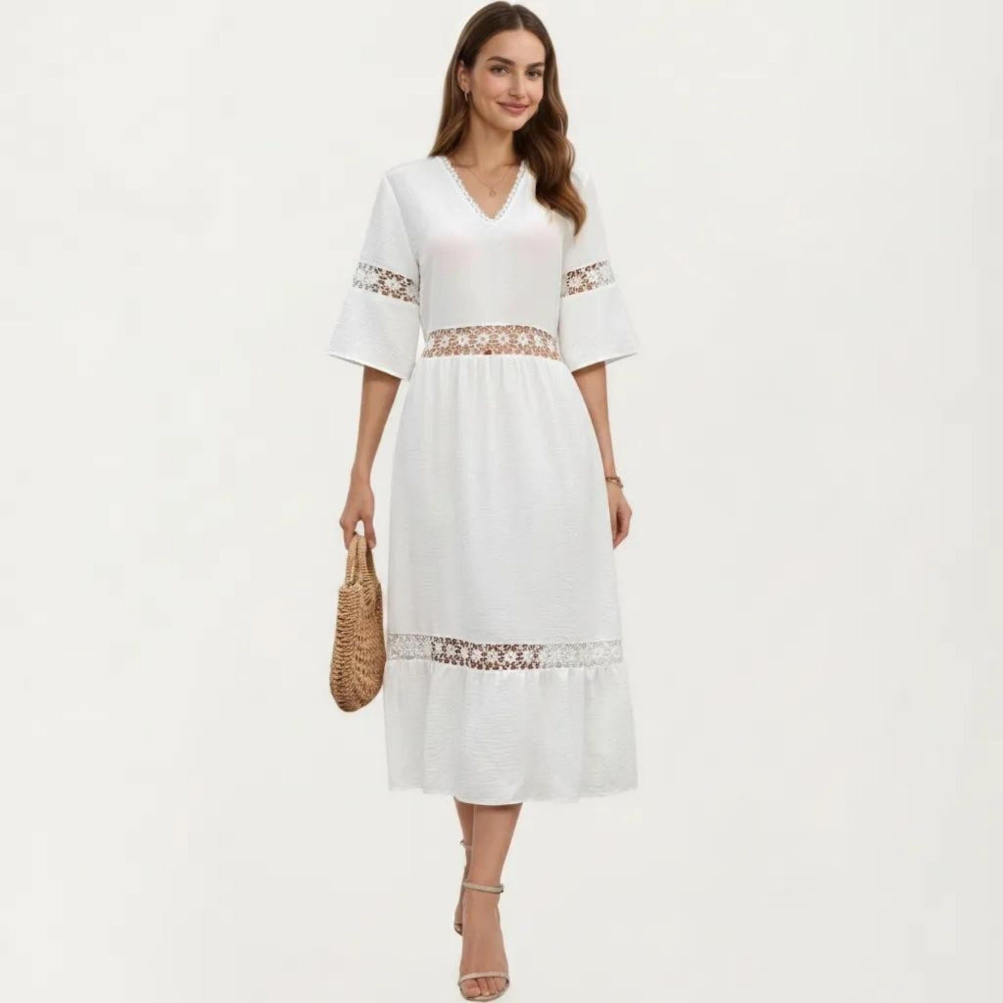 Anna-Kaci Women's V Neck Midi Dress with Lace Trim Paneling and Short Wide Sleeves Flowing Silhouette