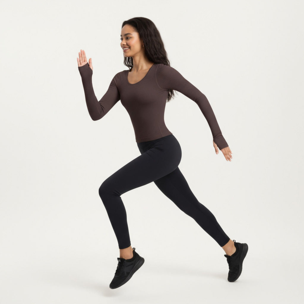 Anna-Kaci Active Women's Ribbed Long Sleeve Fitted Top with Crew Neck and Thumbhole Cuffs