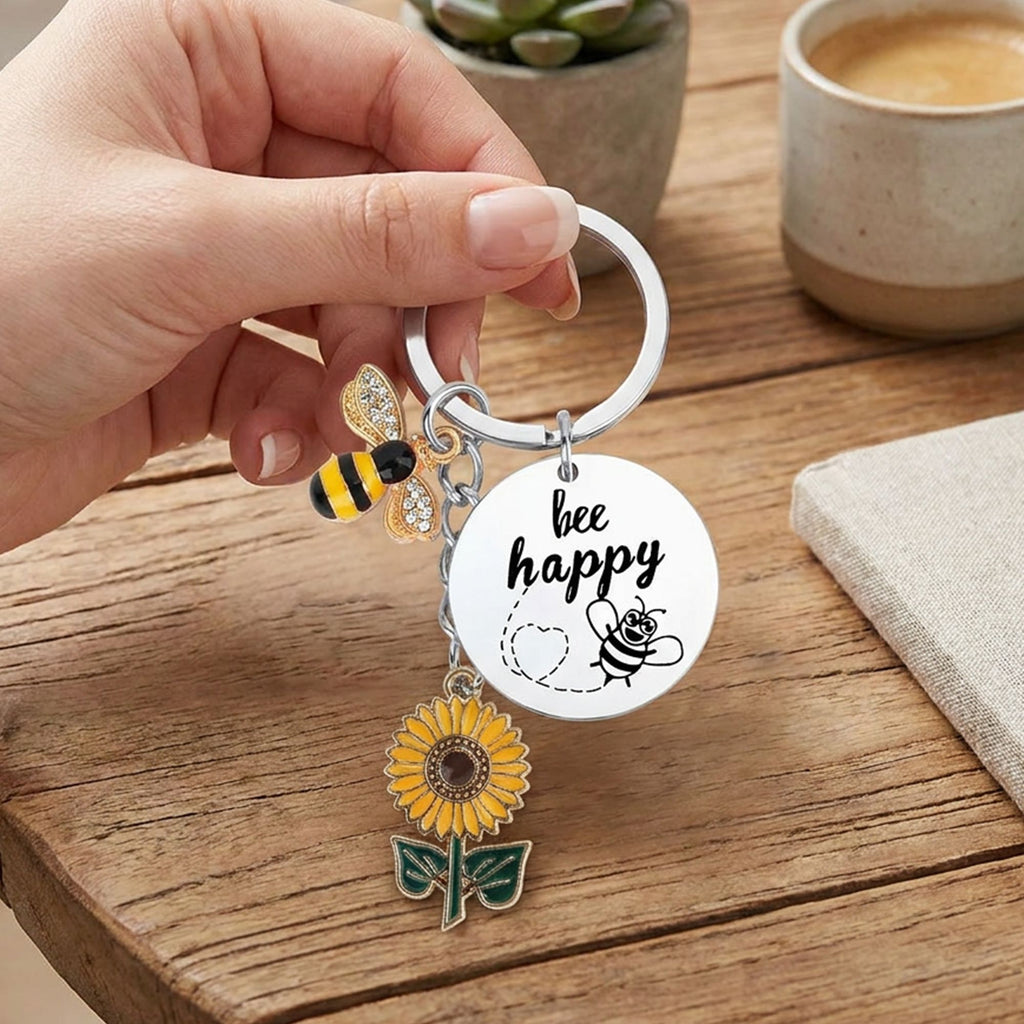 2 Pack Bee Happy Sunflower Keychain with Bee Charm Round Tag and Key Ring Bag Accessory