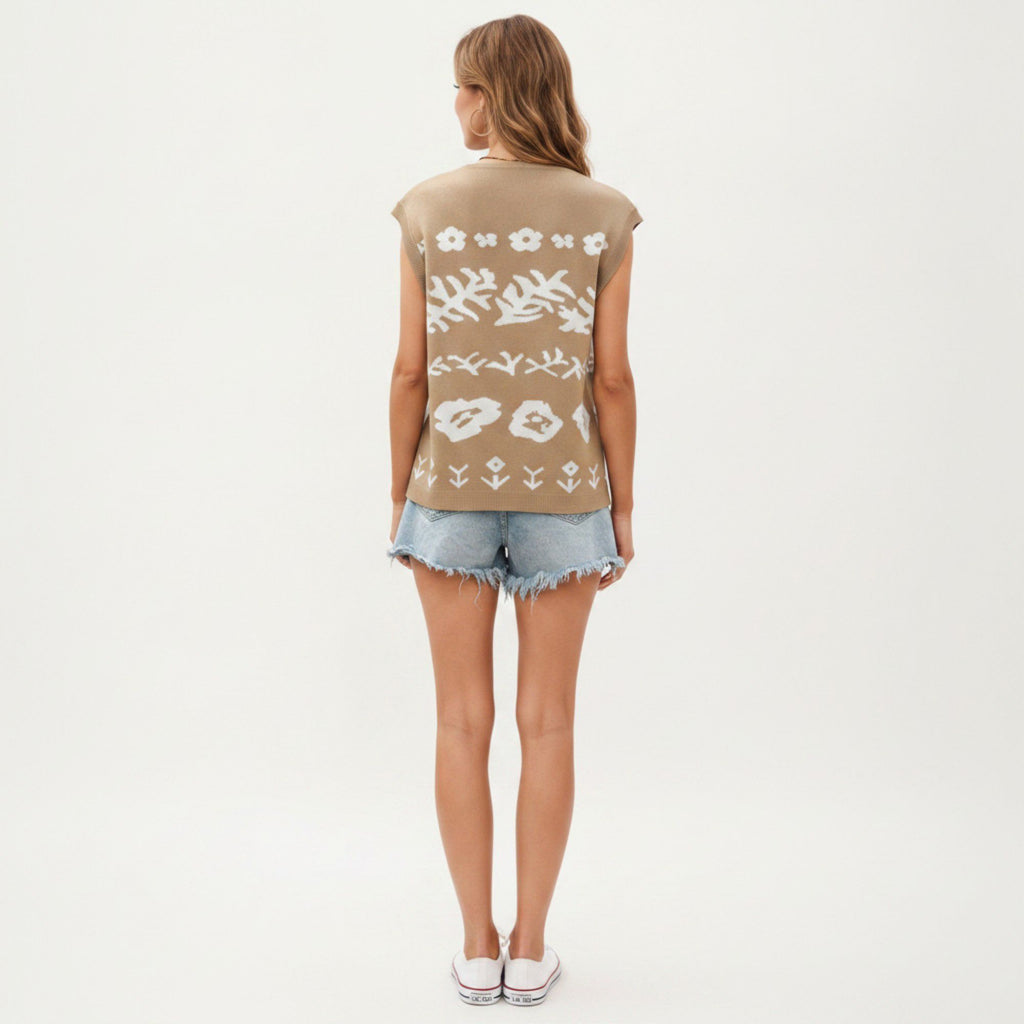 Anna-Kaci Women's Sleeveless Floral Knit Vest Top with V-Neck Front and Button Detail
