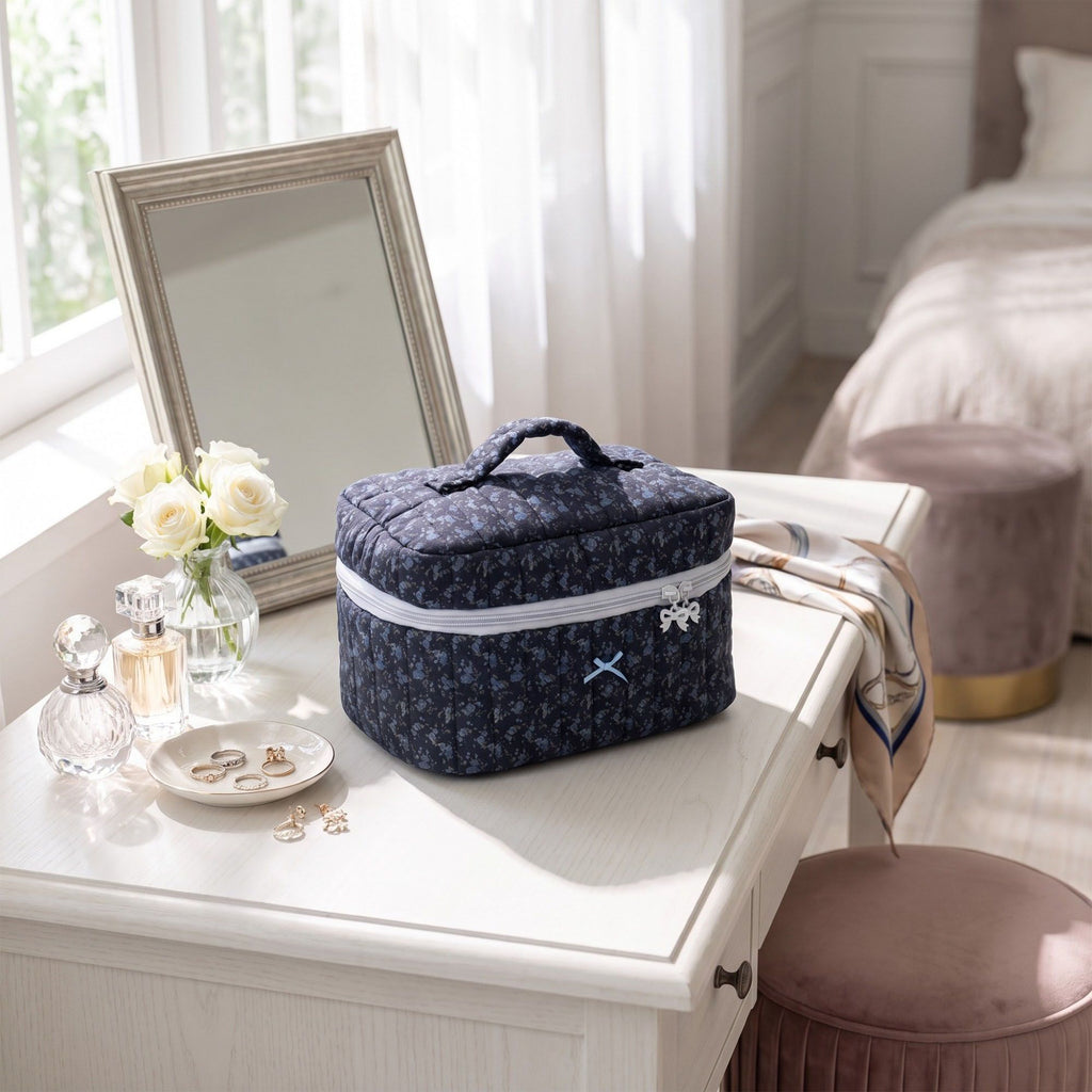 Quilted Floral Cosmetic Makeup Bag with Top Handle and Zip Closure