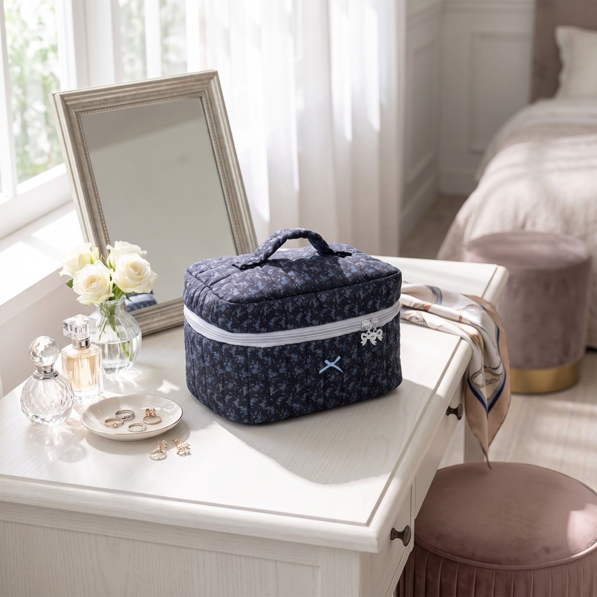 Quilted Floral Cosmetic Makeup Bag with Top Handle and Zip Closure