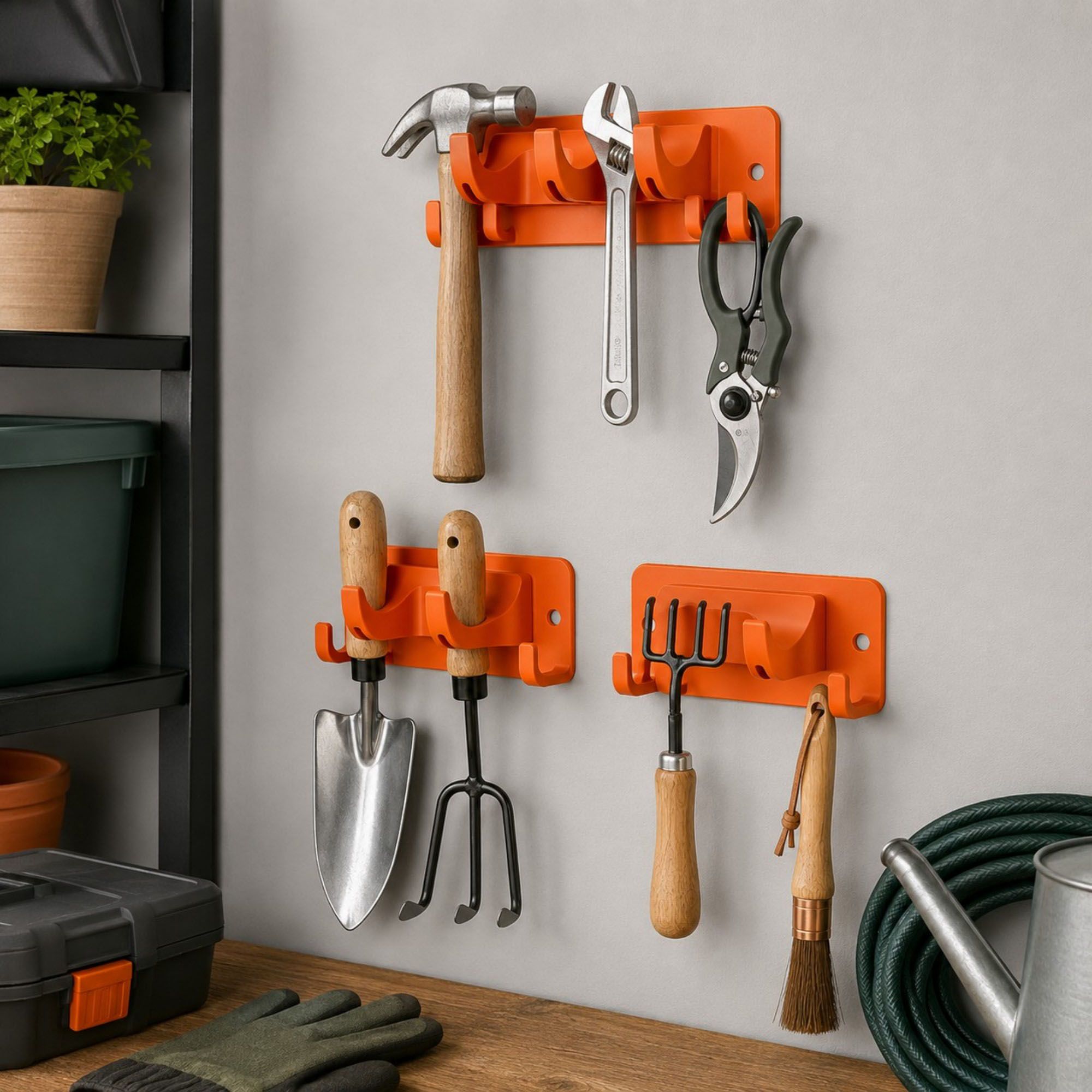 3-piece Wall Mounted Garden Tool Organizer Rack with Multi Hooks