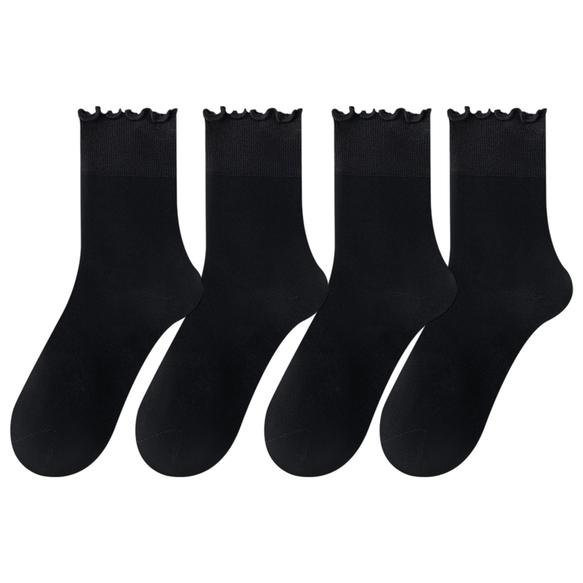 Anna-Kaci 4 Pairs Women's Ruffle Edge Crew Socks Soft Stretch Cotton Blend with High Elastic Cuffs in Assorted Solid Colors