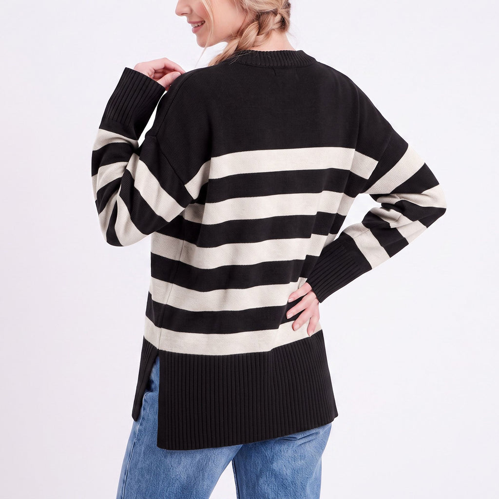 Oversized Striped Crewneck Side Slit Tunic Sweater