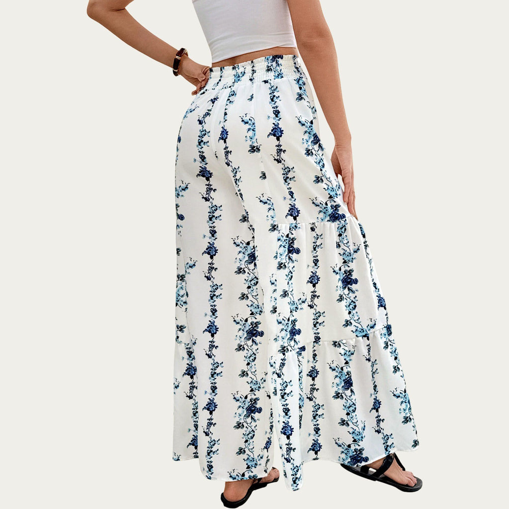 Anna-Kaci Women's Floral Wide Leg Palazzo Pants with Tiered Hem Detail and Adjustable Tie Waist