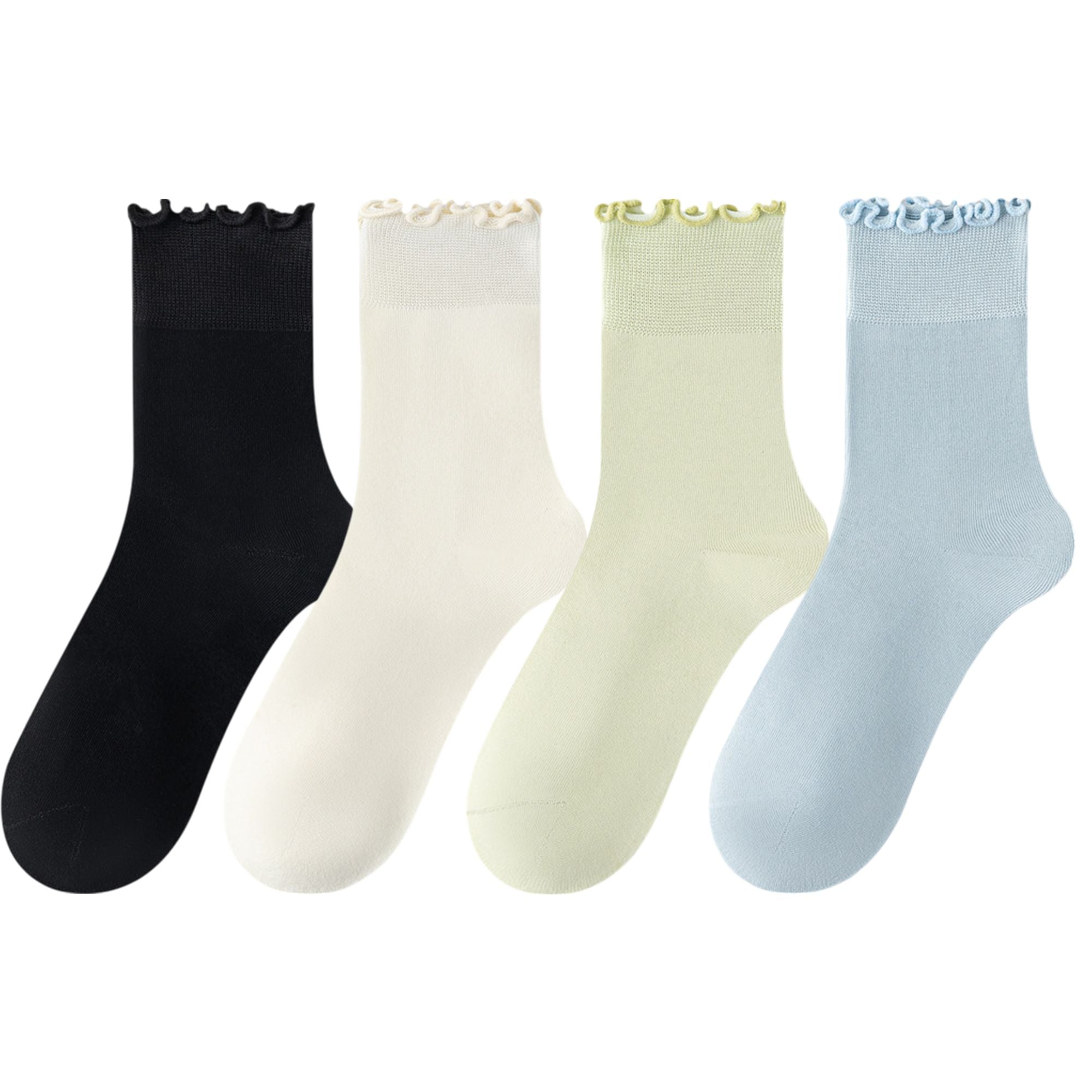 Anna-Kaci 4 Pairs Women's Ruffle Edge Crew Socks Soft Stretch Cotton Blend with High Elastic Cuffs in Assorted Solid Colors