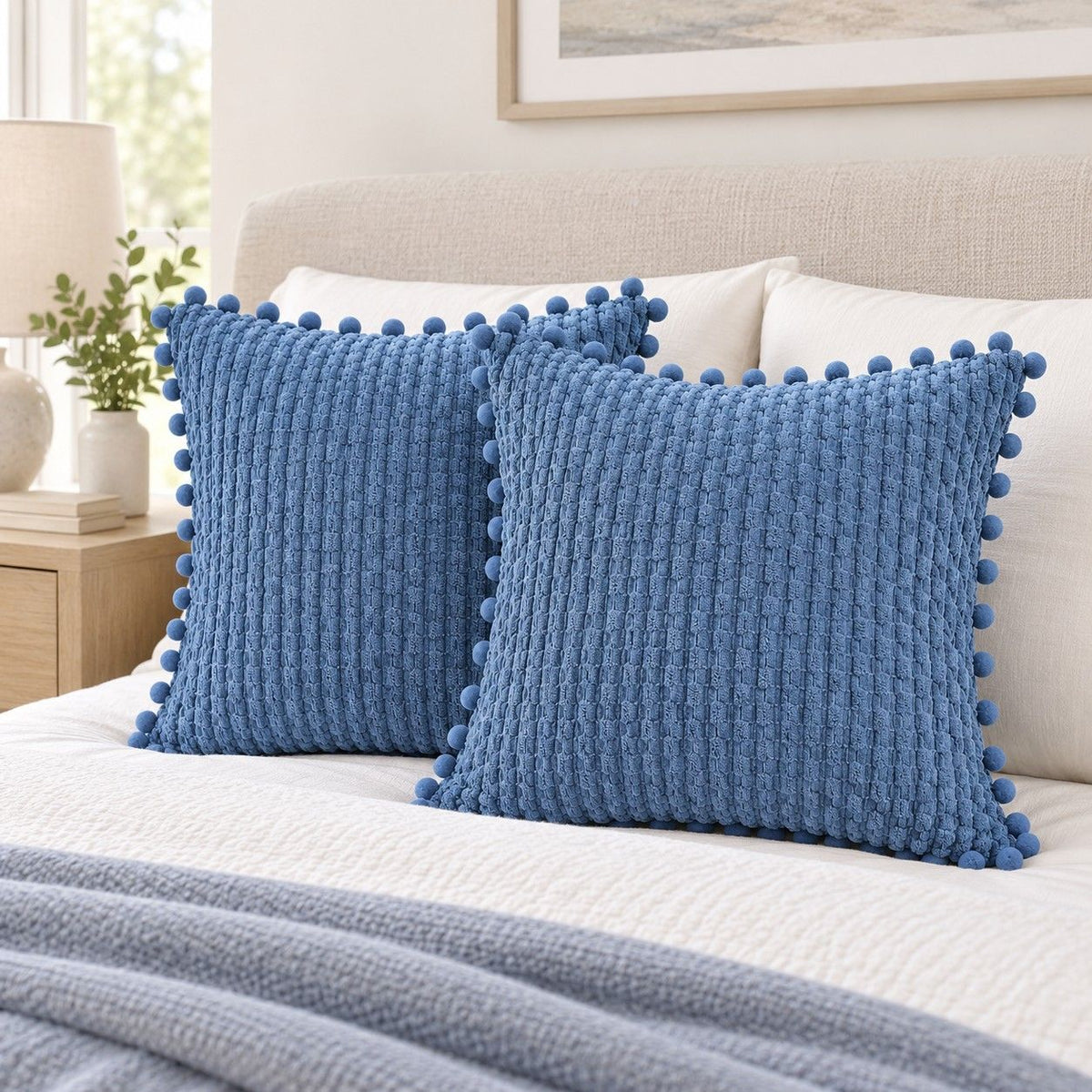 2 Pack Double Sided Corduroy Throw Pillow Covers 18 x 18 Inch with Pom Pom Trim