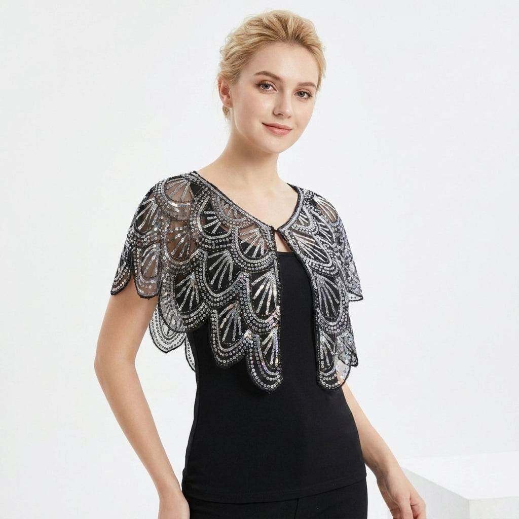 Sequin Mesh Capelet Cover Up with Scalloped Trim