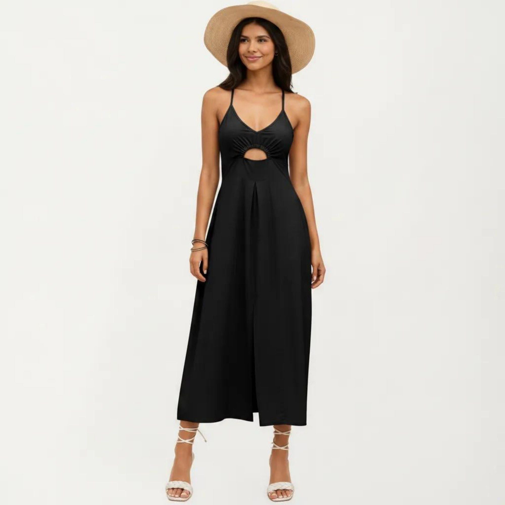 Anna-Kaci Women's Sleeveless Maxi Dress with Cutout Front and Smocked Back