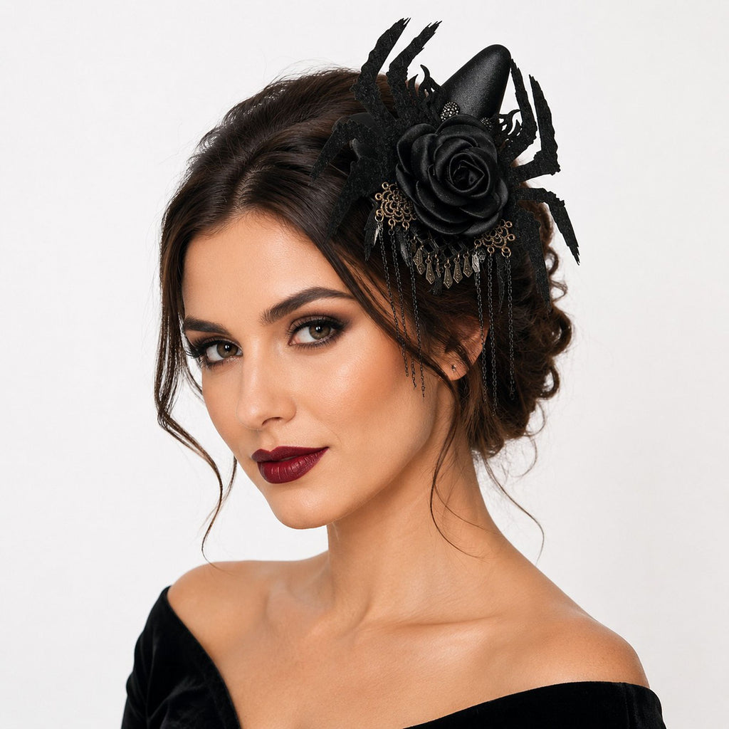 Halloween Mini Witch Hat Hair Clip with Spider Rose and Chains
