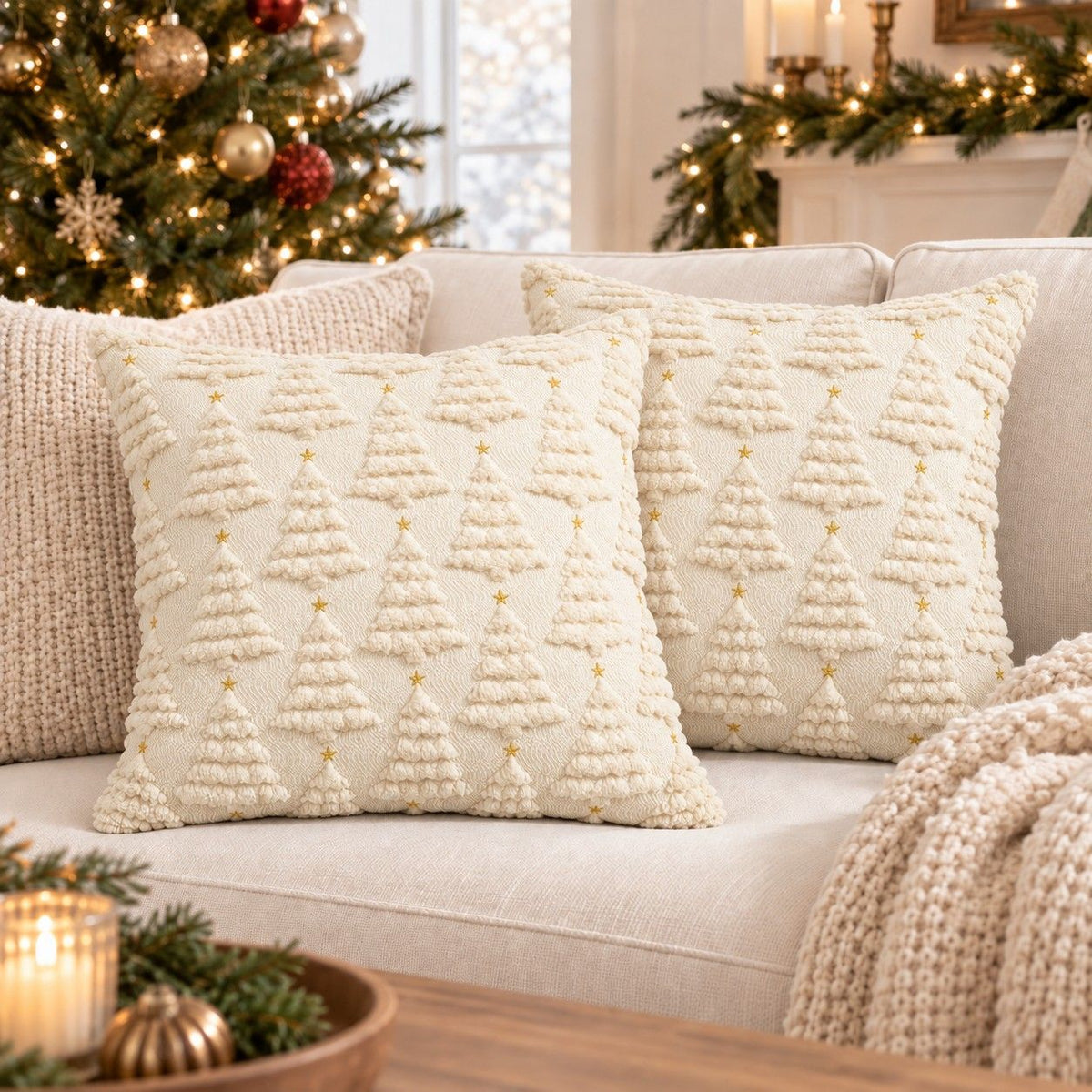 2 Pack Plush Textured Christmas Tree Throw Pillow Covers 18 x 18 Inch Holiday Decor