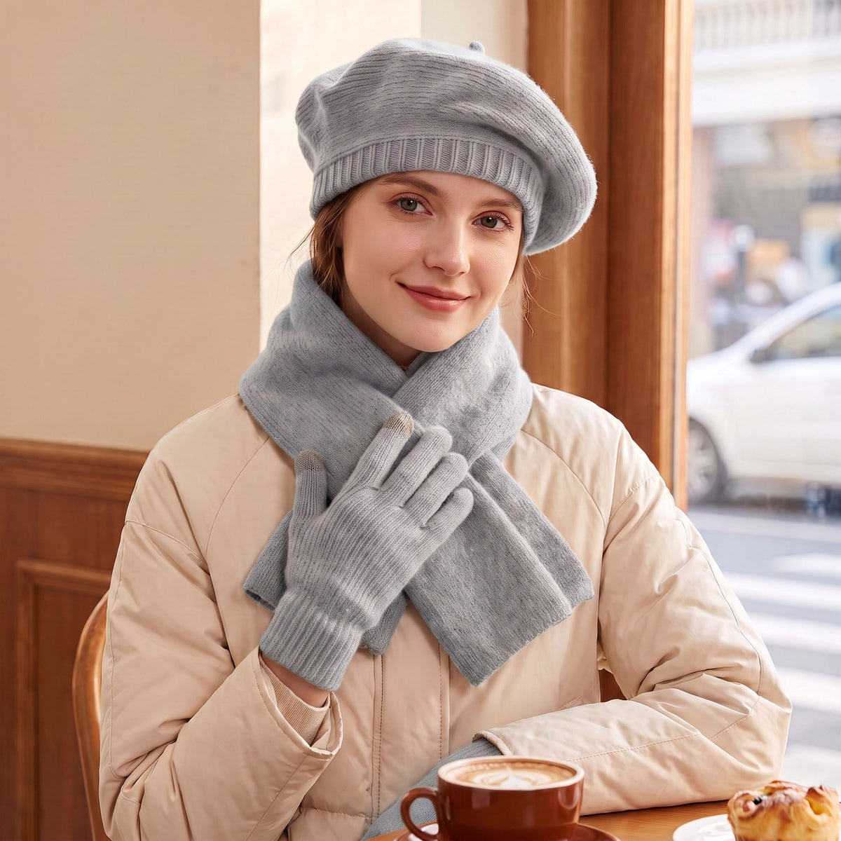 3 Piece Beret Scarf and Touchscreen Gloves Winter Set