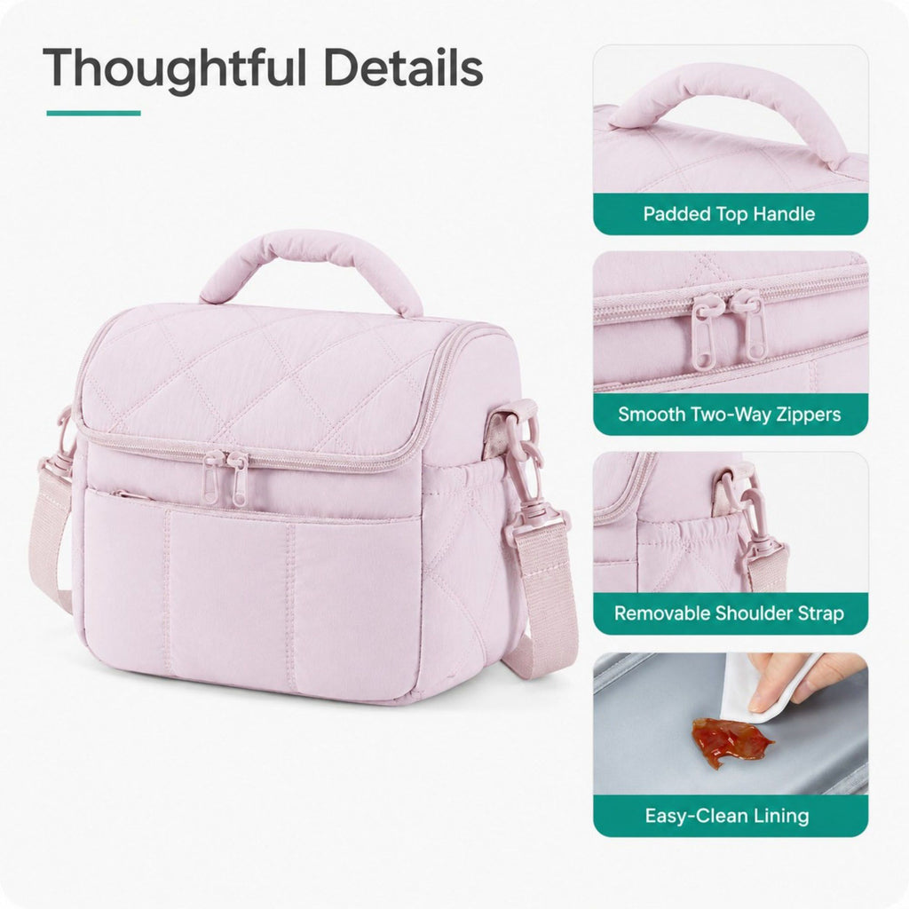 Quilted Insulated Lunch Bag with Adjustable Strap Padded Handle and PEVA Lining