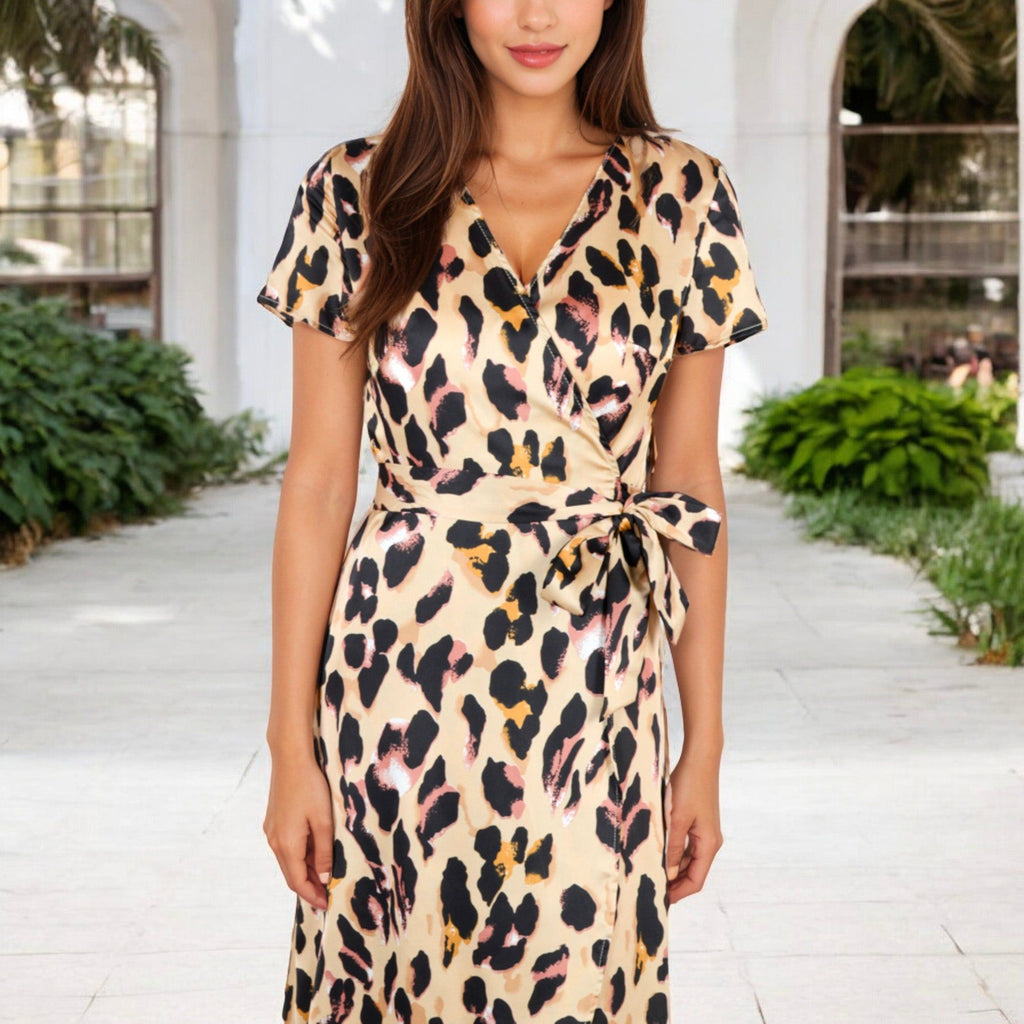 Anna-Kaci Women's V-Neck Short Sleeve Wrap Dress with Leopard Print and Waist Tie