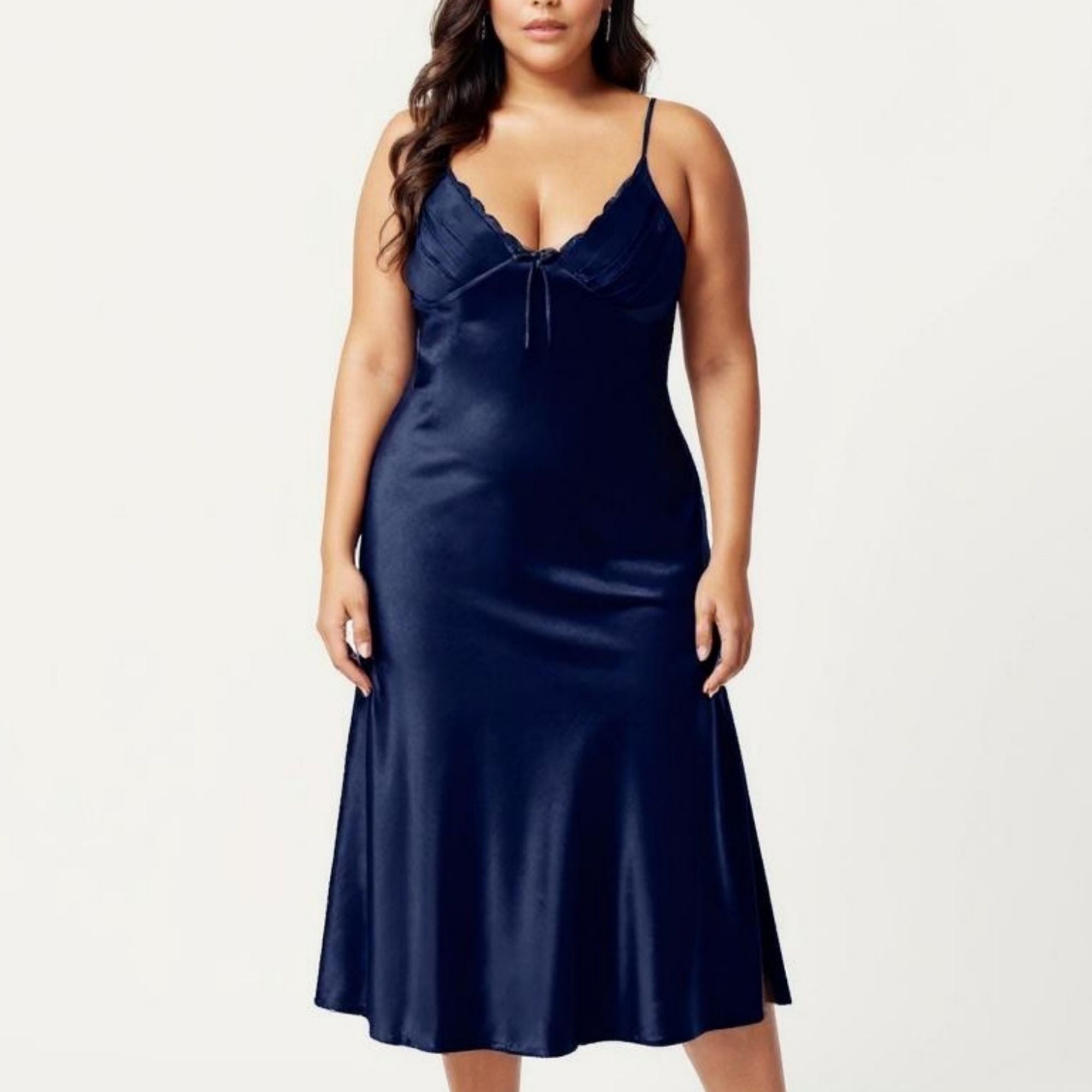 Anna-Kaci Lounge Women's Plus Size Satin Chemise Nightgown with Lace Trim Neckline Adjustable Straps Side Slit Slip Dress