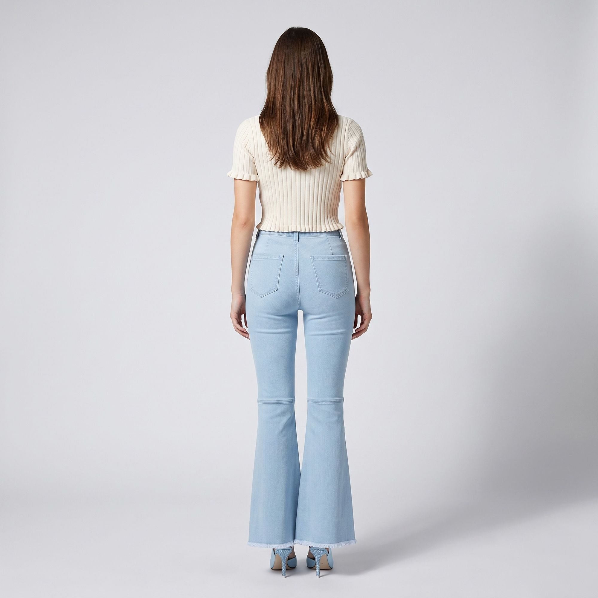 High Rise Flare Pants Button Front Stretch Wide Leg Hem Pants