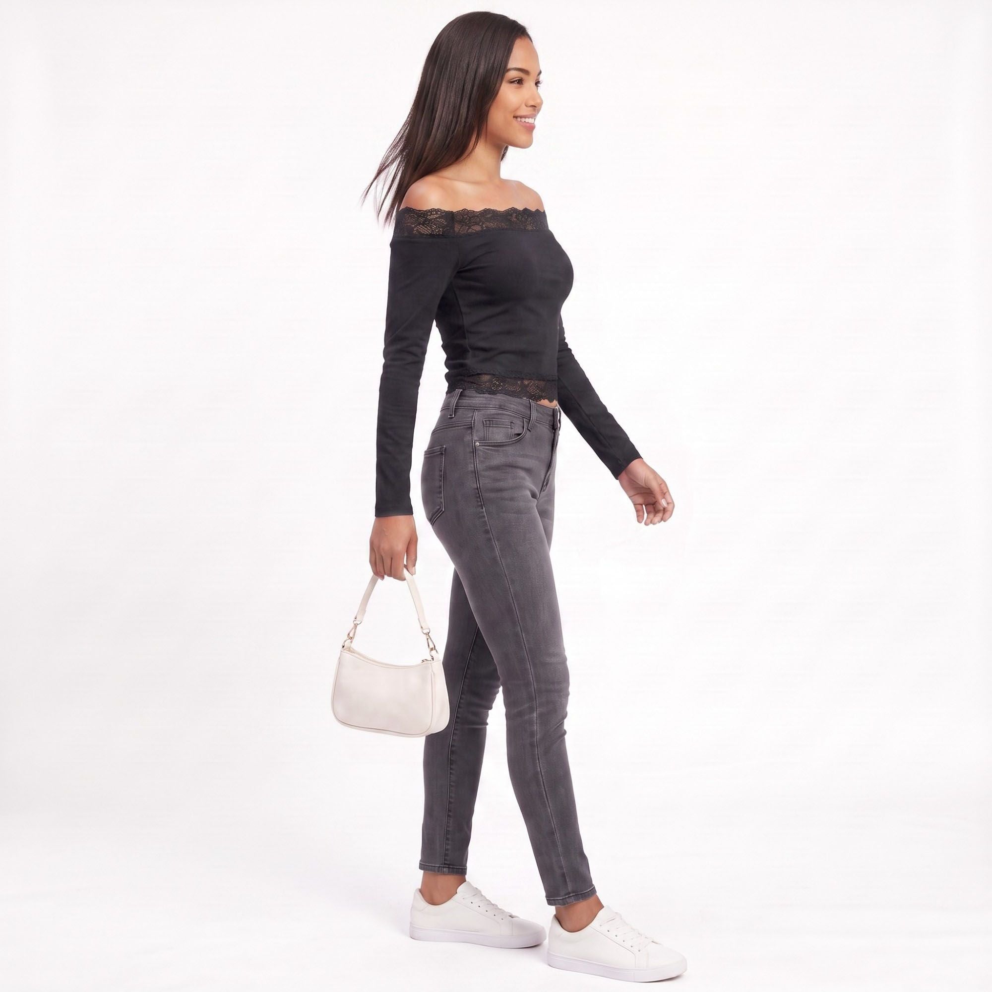 Off-the-Shoulder Lace Trim Long Sleeve Crop Top