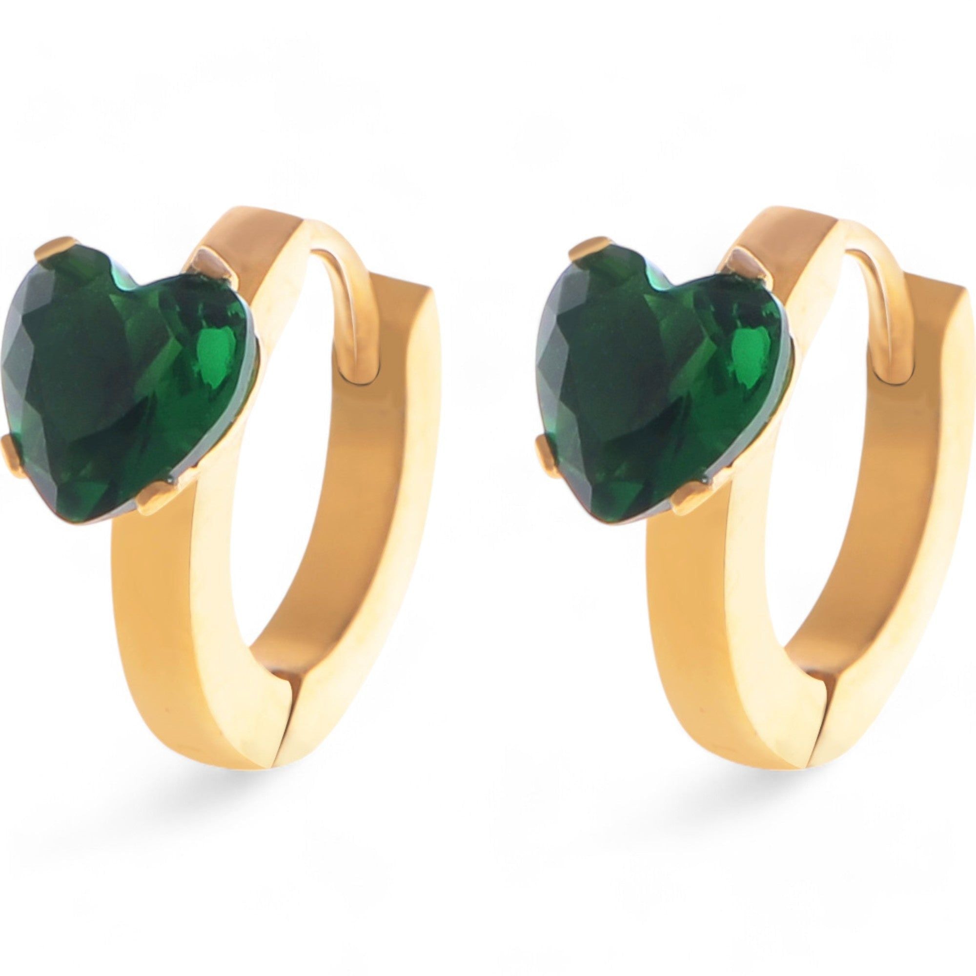 Women's Gold Hoop Fashion Earrings with Emerald Green Heart Shaped Crystal Stud