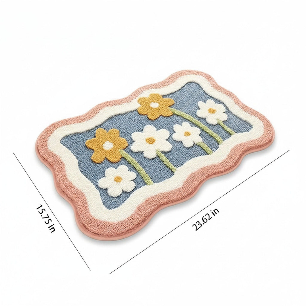 Tufted Floor Mat with Floral Daisy Pattern Non Slip Backing Soft Plush Decorative Scalloped Edge Rug