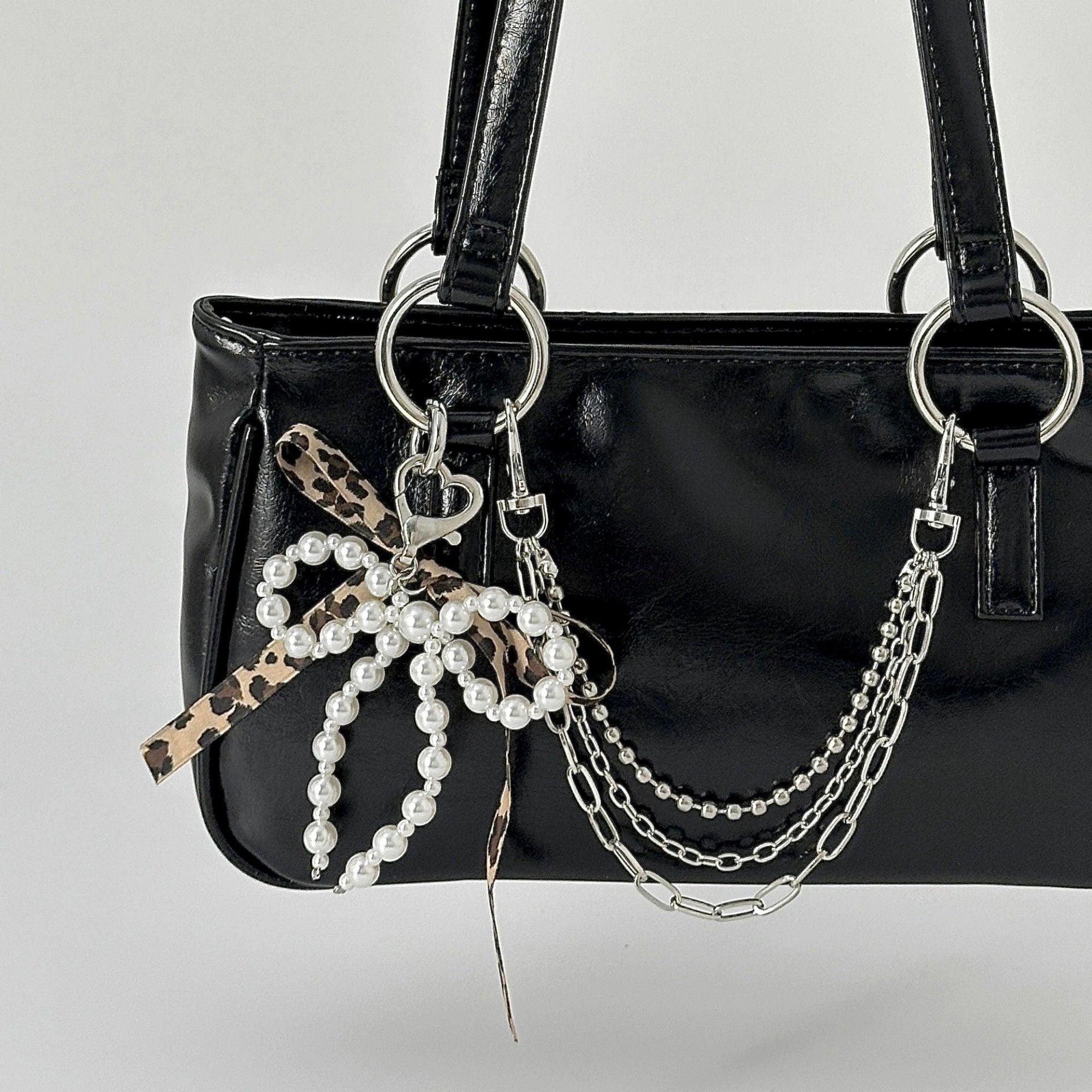 Pearl Bow Chain Bag Charm with Leopard Ribbon Layered Silver Tone Clips for Bags and Jeans