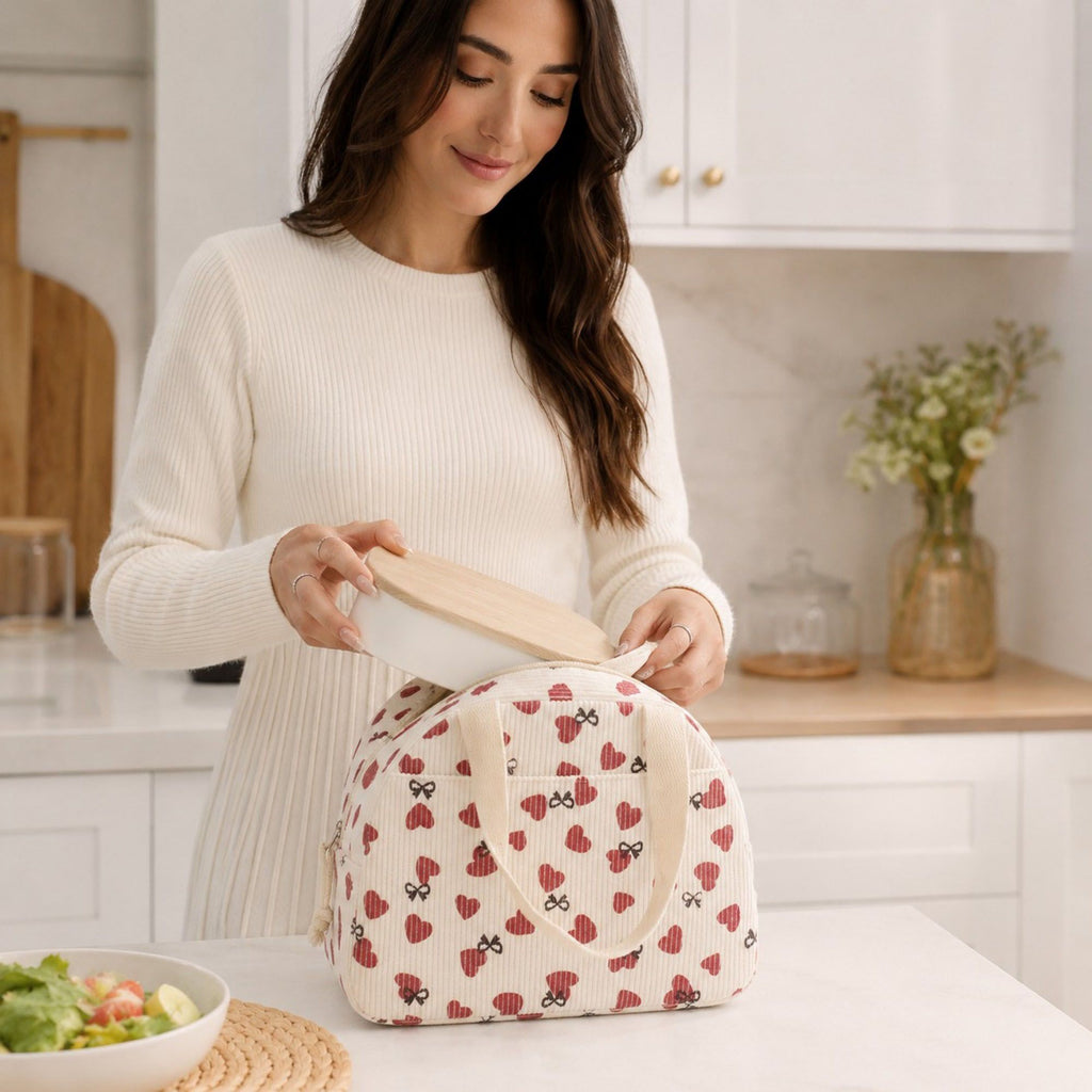 Heart Print Corduroy Insulated Lunch Bag with Handles and Zip Closure