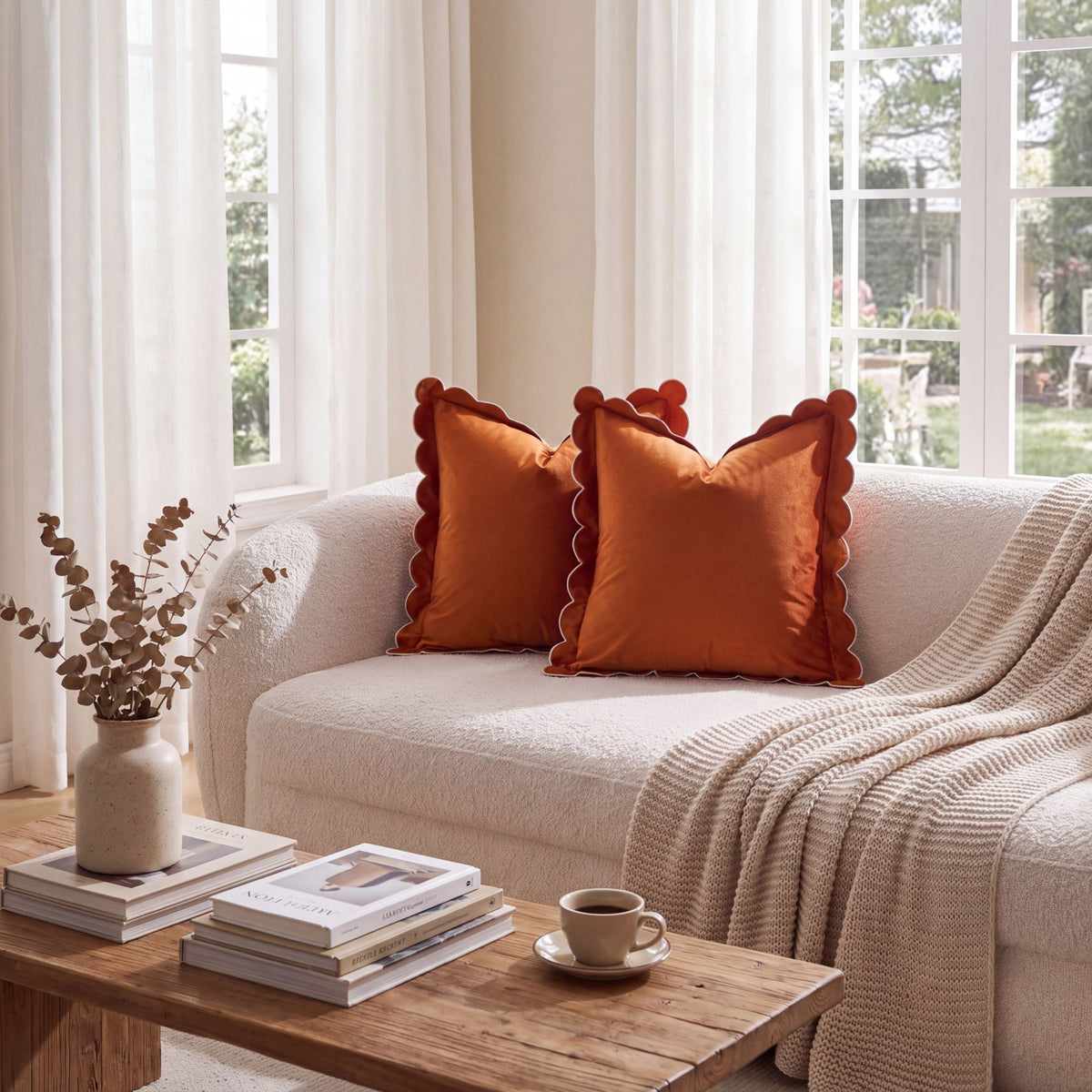 Velvet Scalloped Edge Square Decorative Throw Pillow Cover