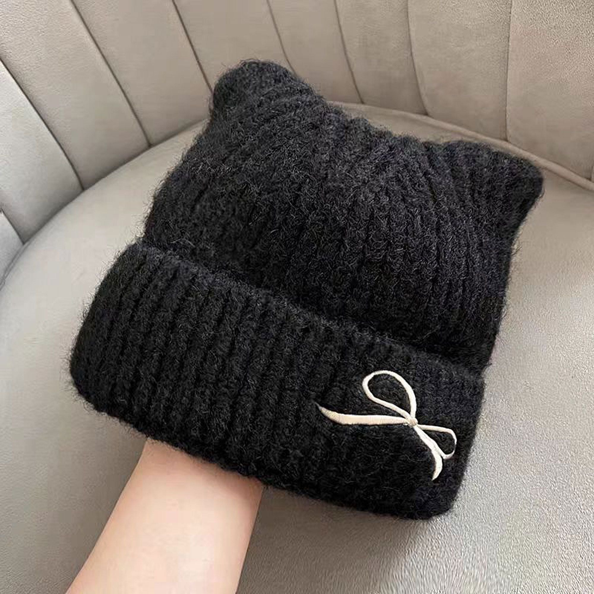 Anna-Kaci Women's Cat Ear Knit Beanie - Fluffy Faux Fur Hat with Bow Embroidery